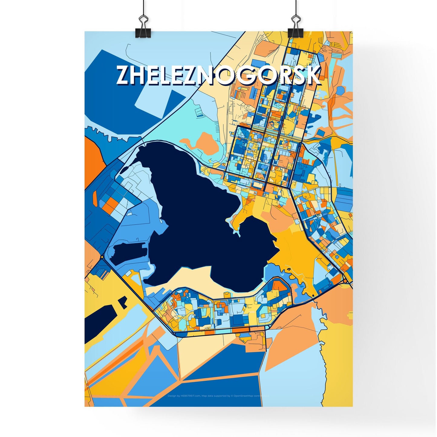 ZHELEZNOGORSK RUSSIA Vibrant Colorful Art Map Poster Blue Orange