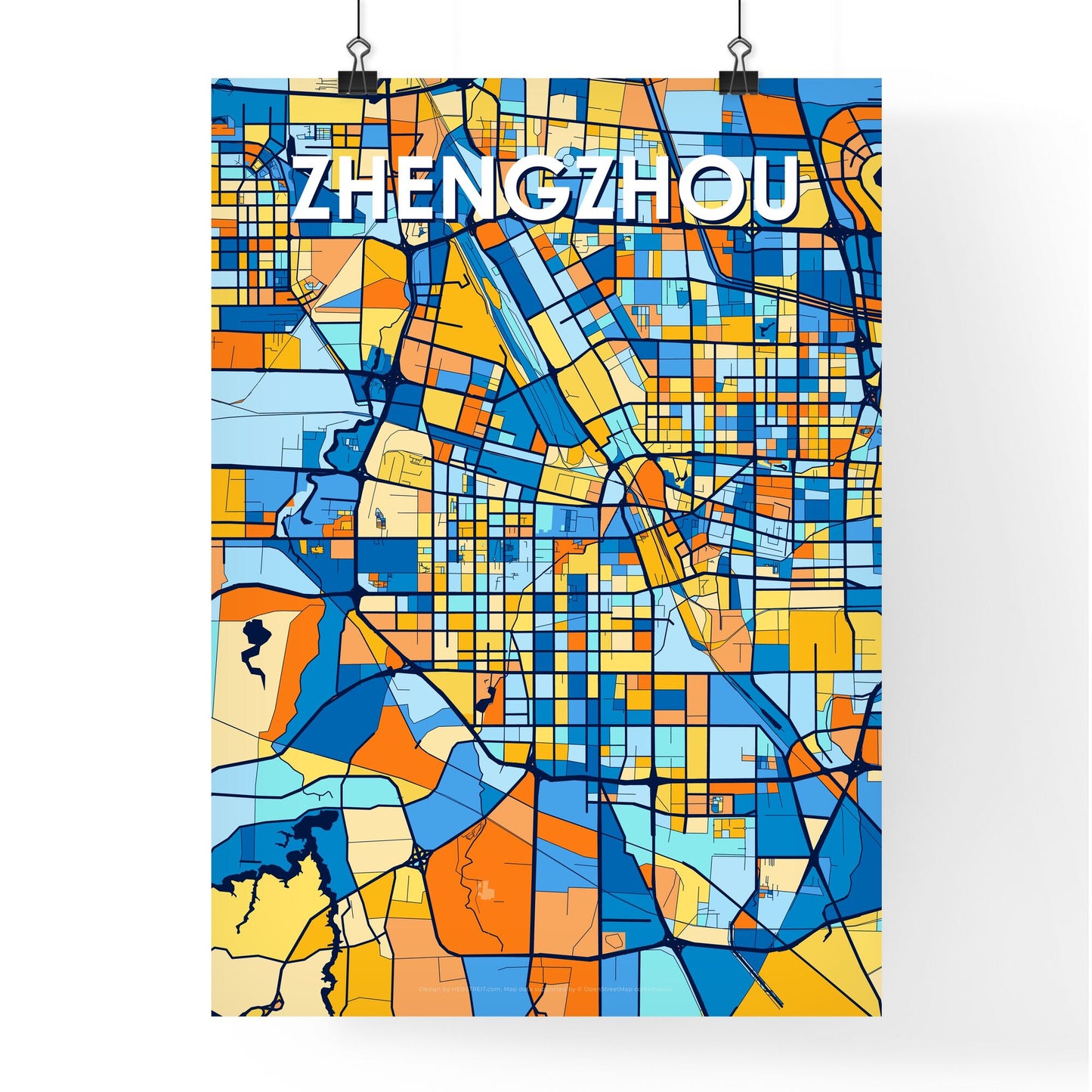 ZHENGZHOU CHINA Vibrant Colorful Art Map Poster Blue Orange