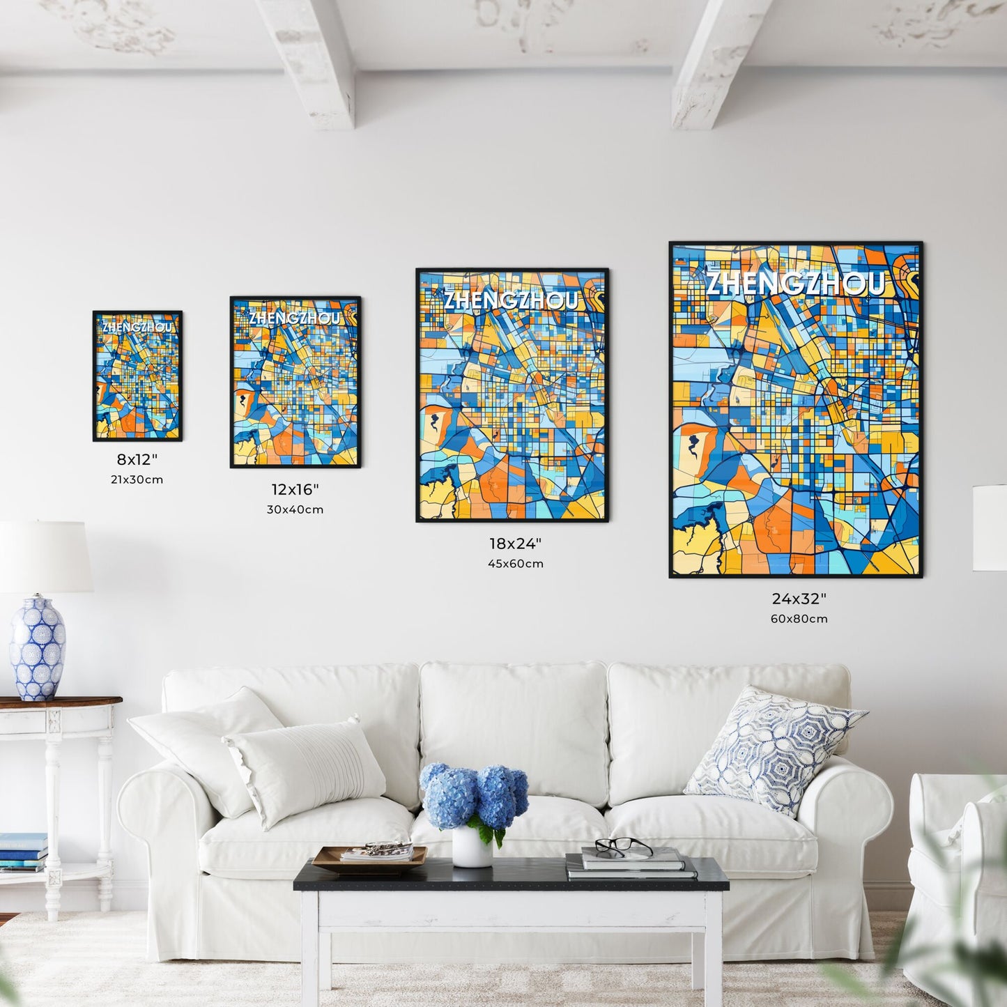 ZHENGZHOU CHINA Vibrant Colorful Art Map Poster Blue Orange