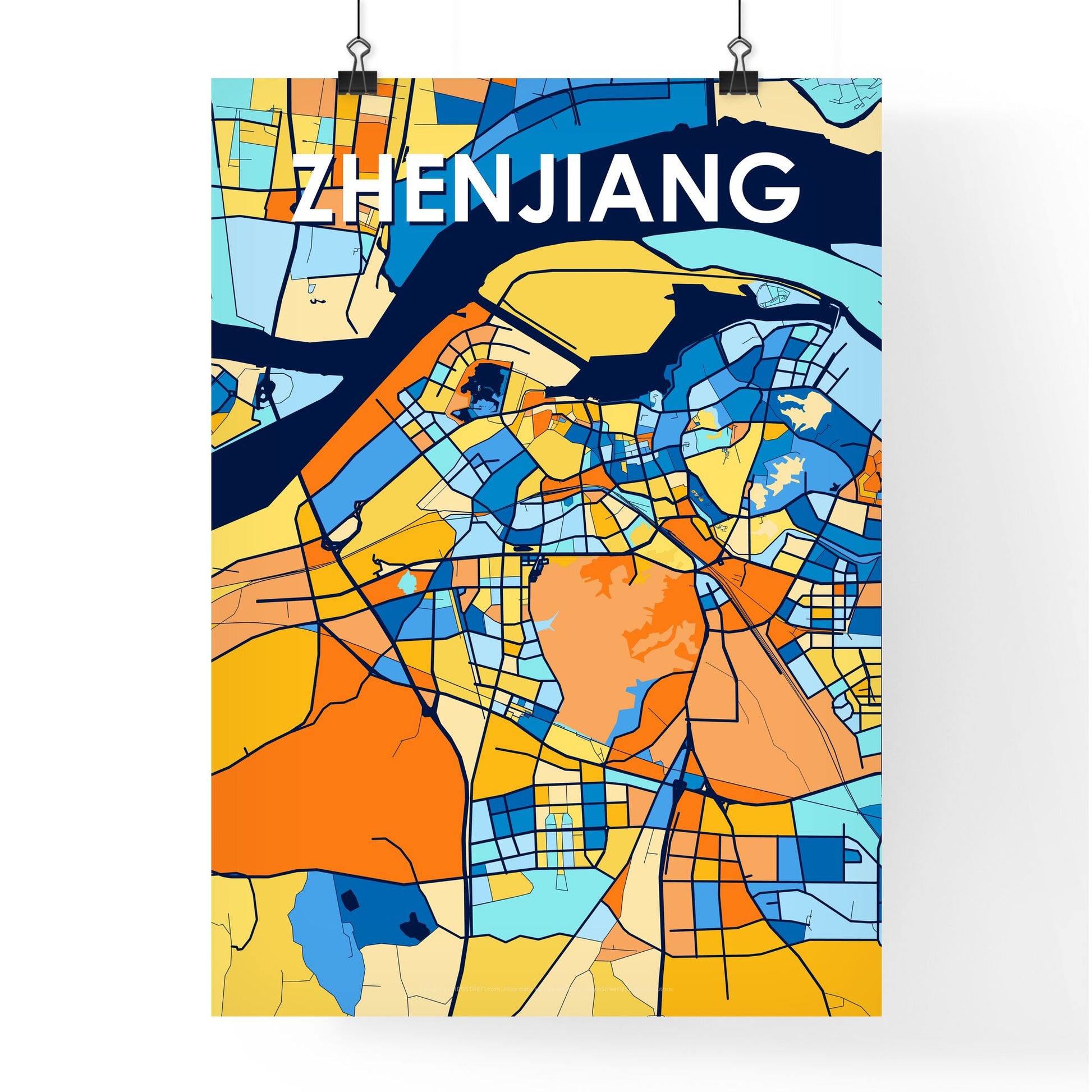 ZHENJIANG CHINA Vibrant Colorful Art Map Poster Blue Orange