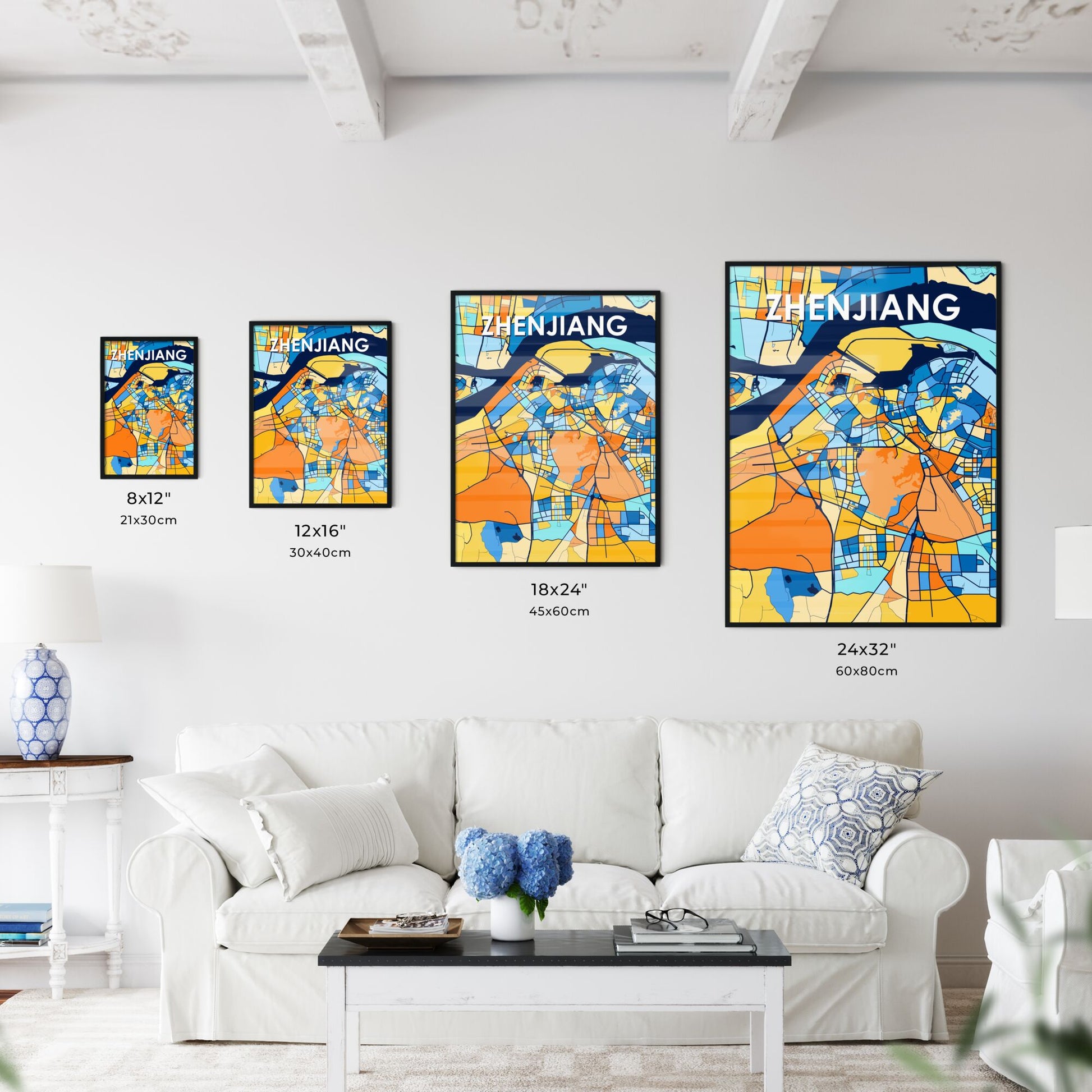 ZHENJIANG CHINA Vibrant Colorful Art Map Poster Blue Orange