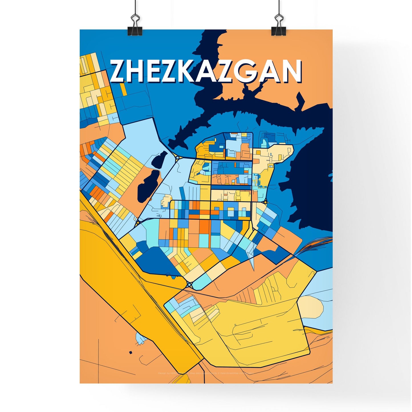 ZHEZKAZGAN KAZAKHSTAN Vibrant Colorful Art Map Poster Blue Orange