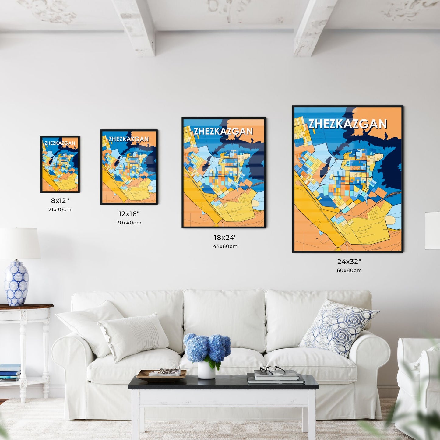 ZHEZKAZGAN KAZAKHSTAN Vibrant Colorful Art Map Poster Blue Orange