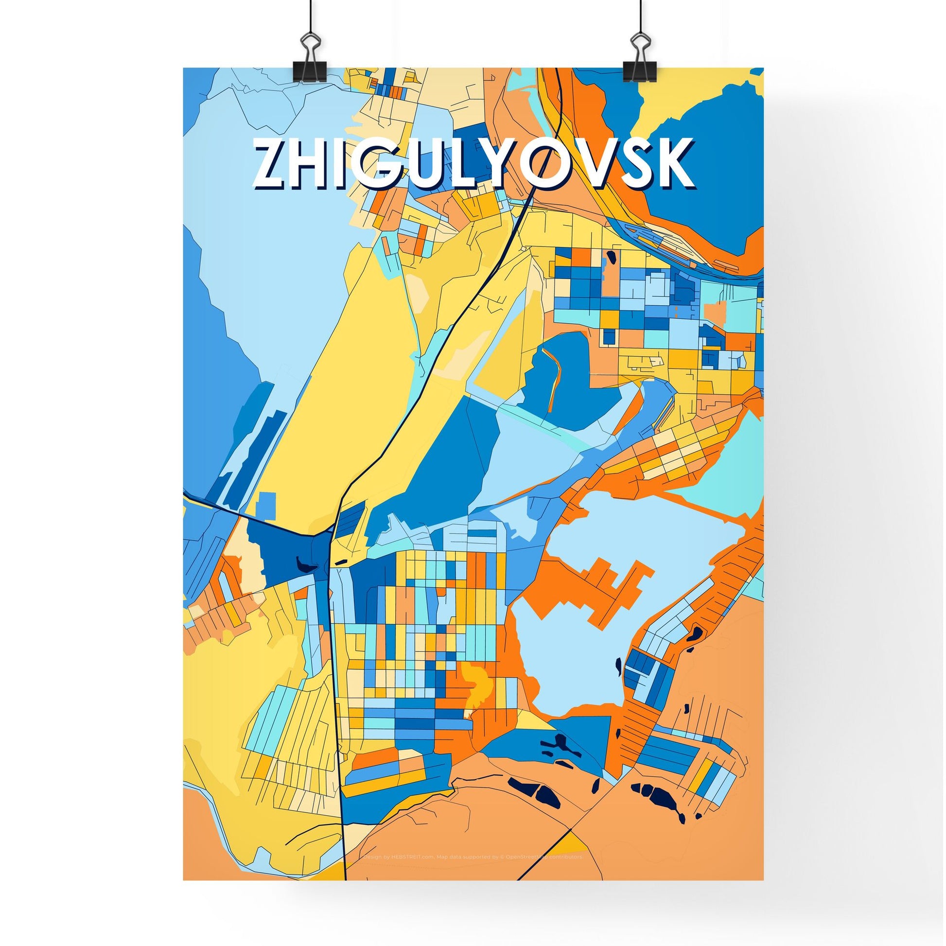 ZHIGULYOVSK RUSSIA Vibrant Colorful Art Map Poster Blue Orange