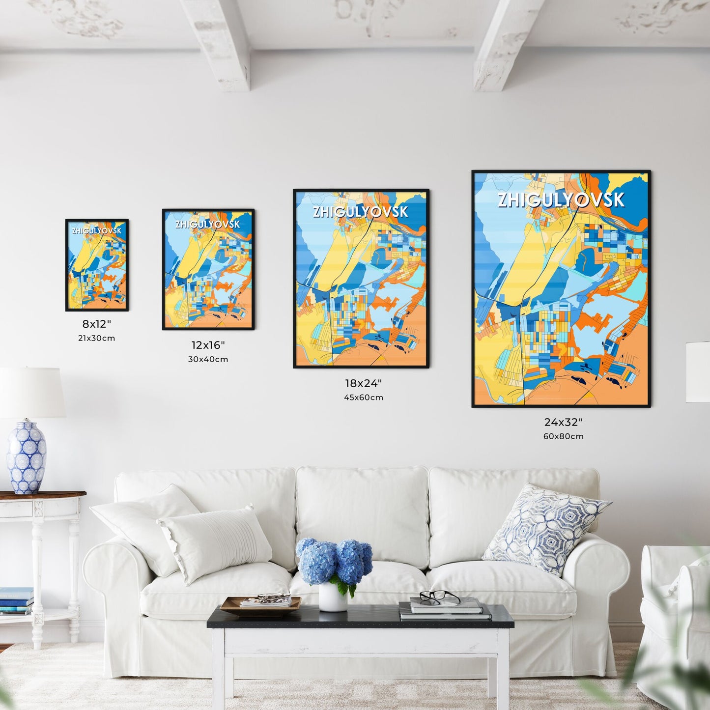 ZHIGULYOVSK RUSSIA Vibrant Colorful Art Map Poster Blue Orange