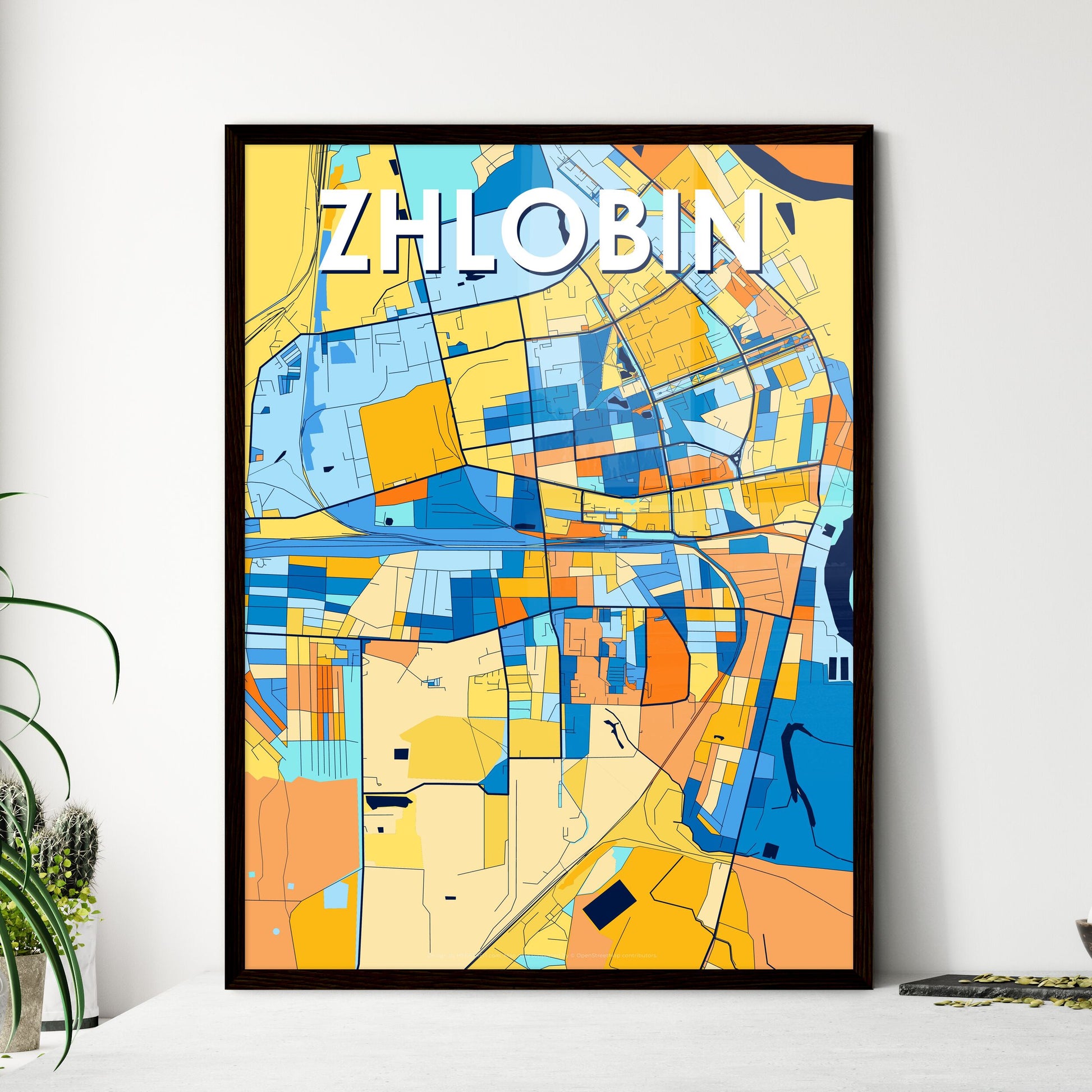 ZHLOBIN BELARUS Vibrant Colorful Art Map Poster Blue Orange