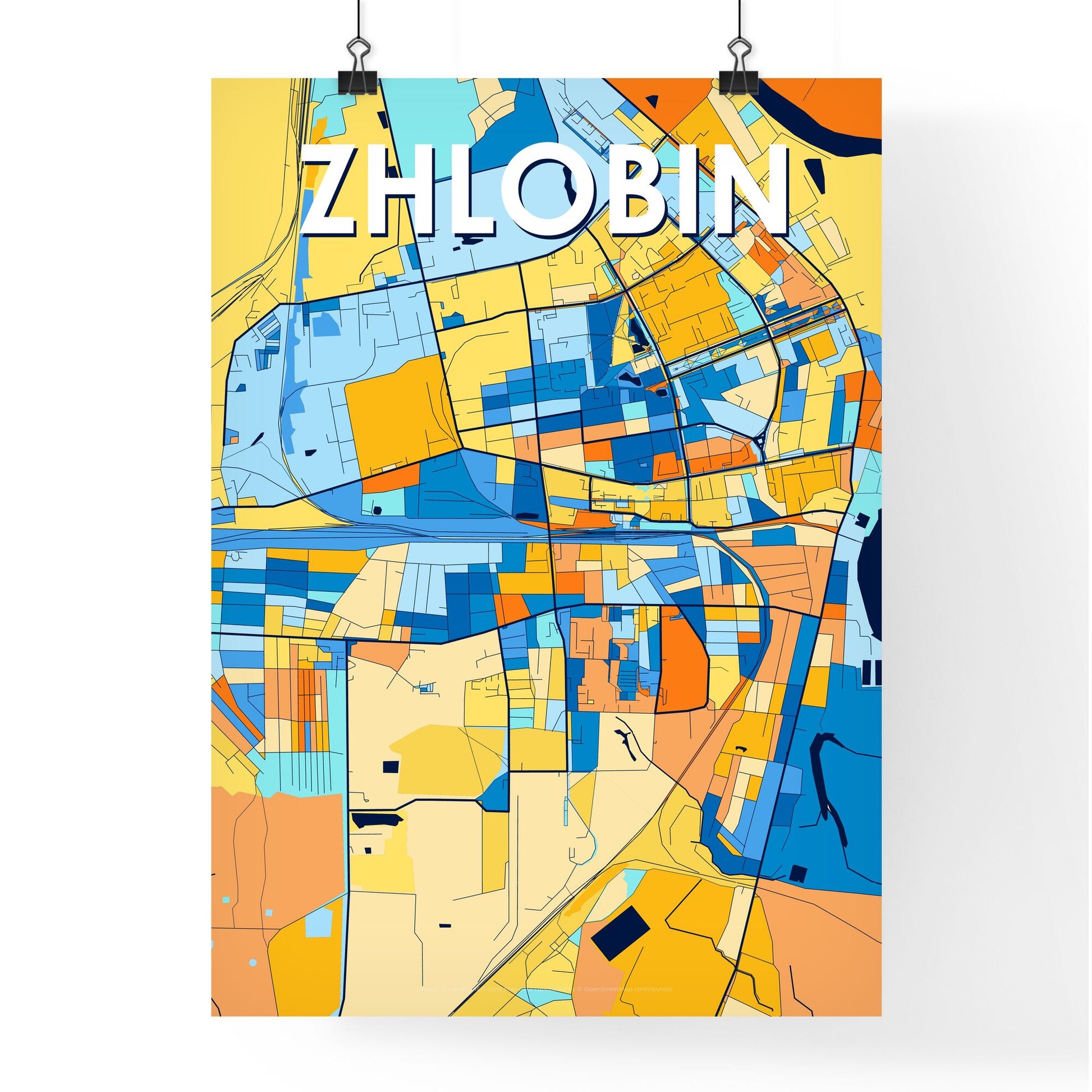 ZHLOBIN BELARUS Vibrant Colorful Art Map Poster Blue Orange