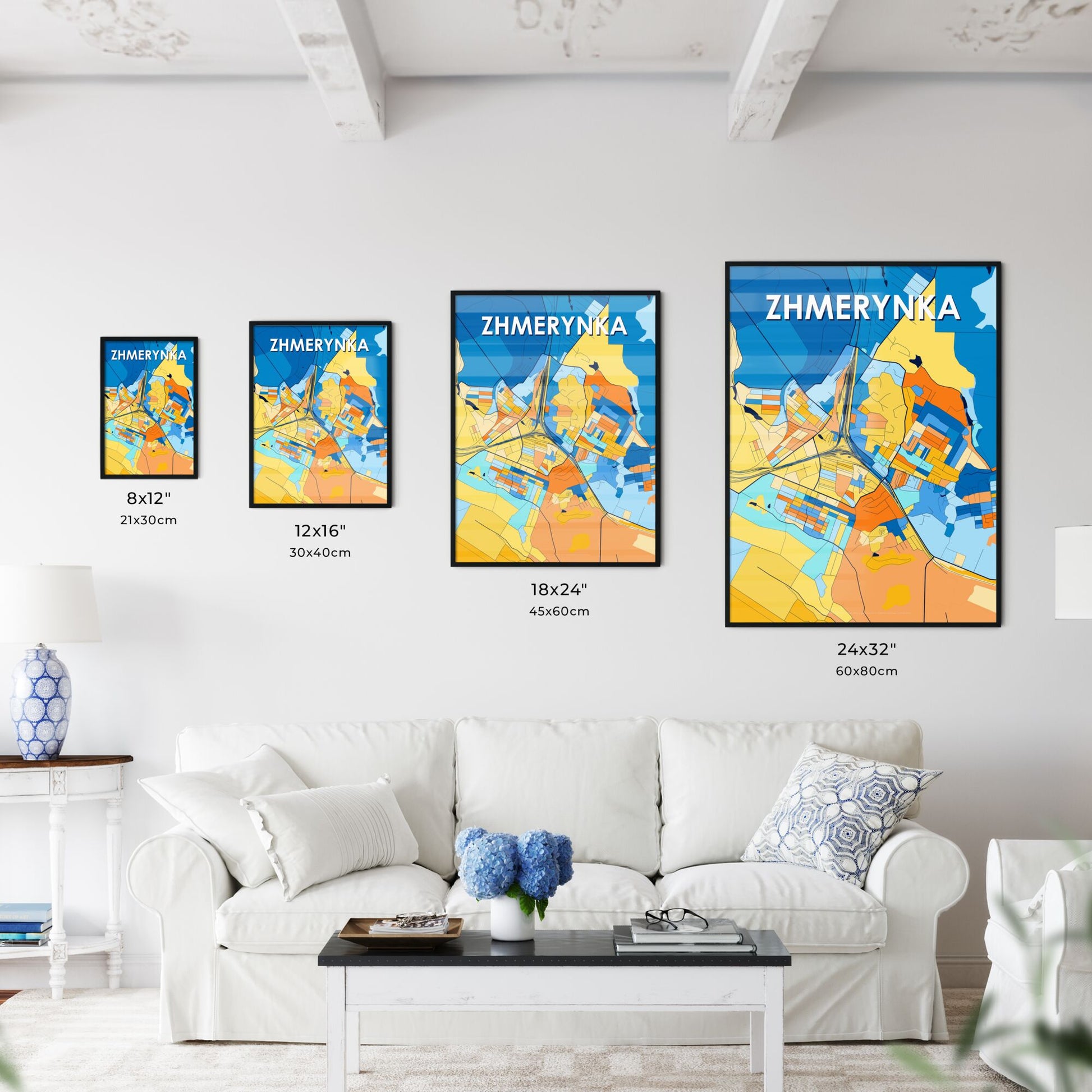 ZHMERYNKA UKRAINE Vibrant Colorful Art Map Poster Blue Orange