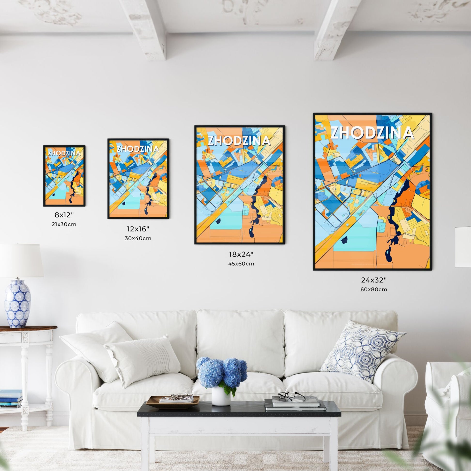 ZHODZINA BELARUS Vibrant Colorful Art Map Poster Blue Orange