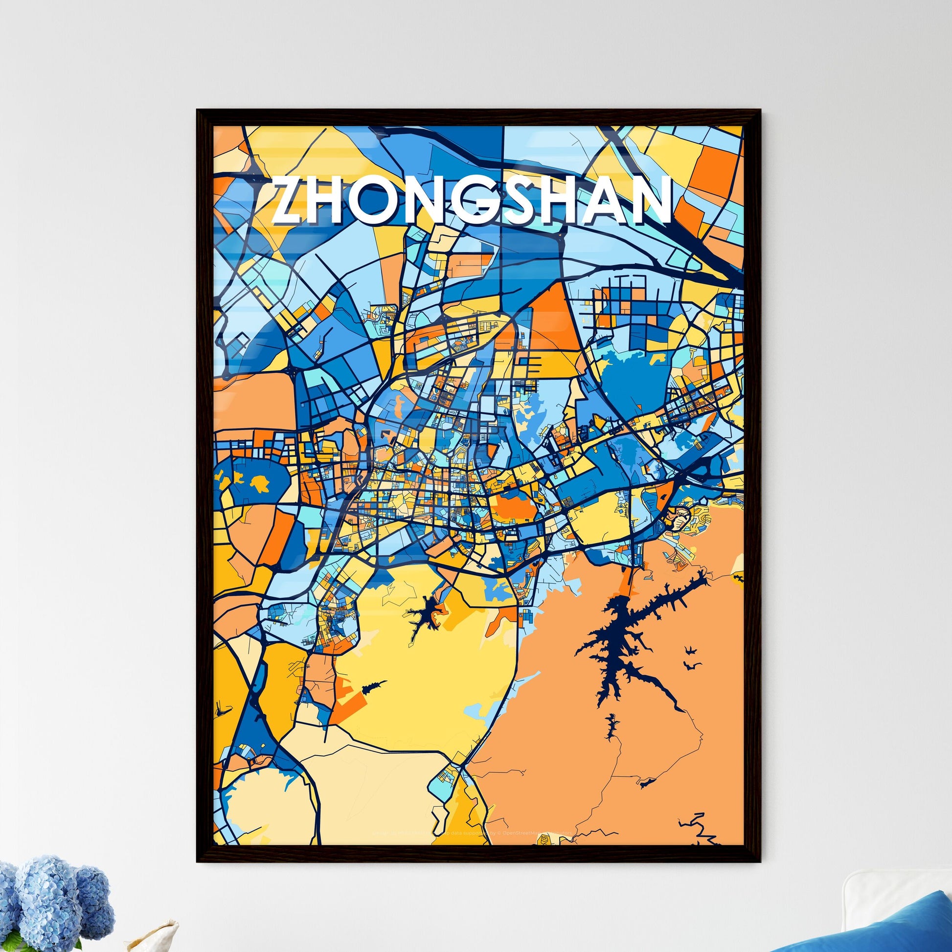 ZHONGSHAN CHINA Vibrant Colorful Art Map Poster Blue Orange