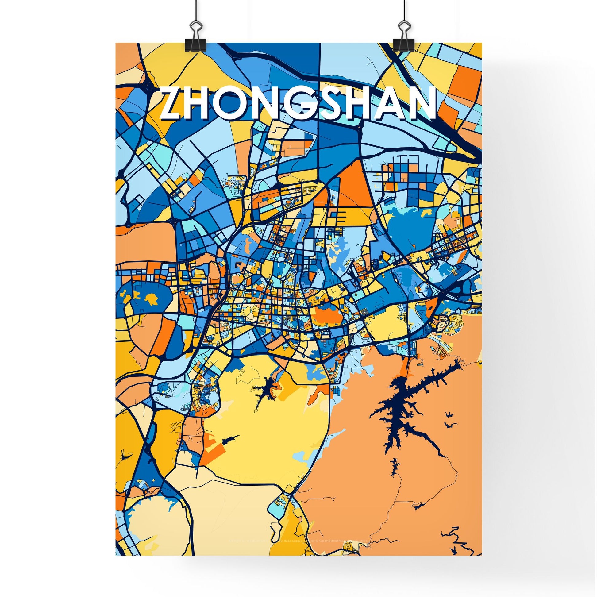 ZHONGSHAN CHINA Vibrant Colorful Art Map Poster Blue Orange