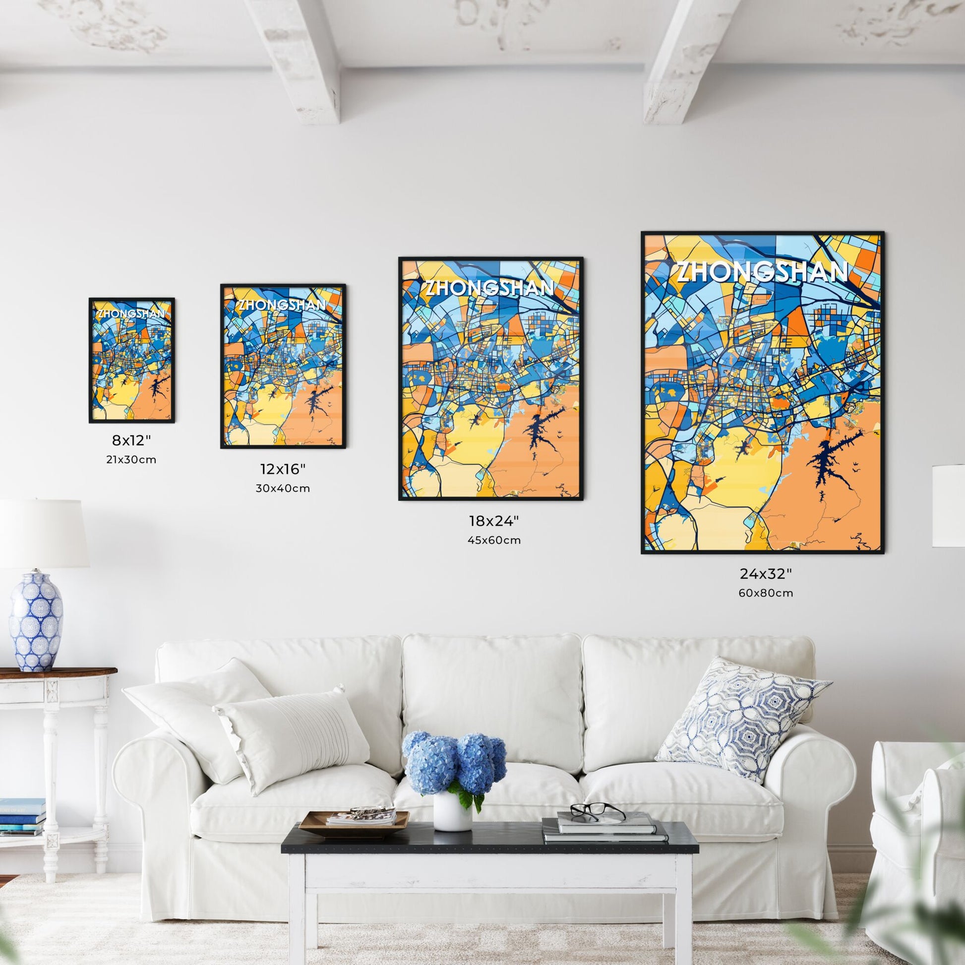 ZHONGSHAN CHINA Vibrant Colorful Art Map Poster Blue Orange