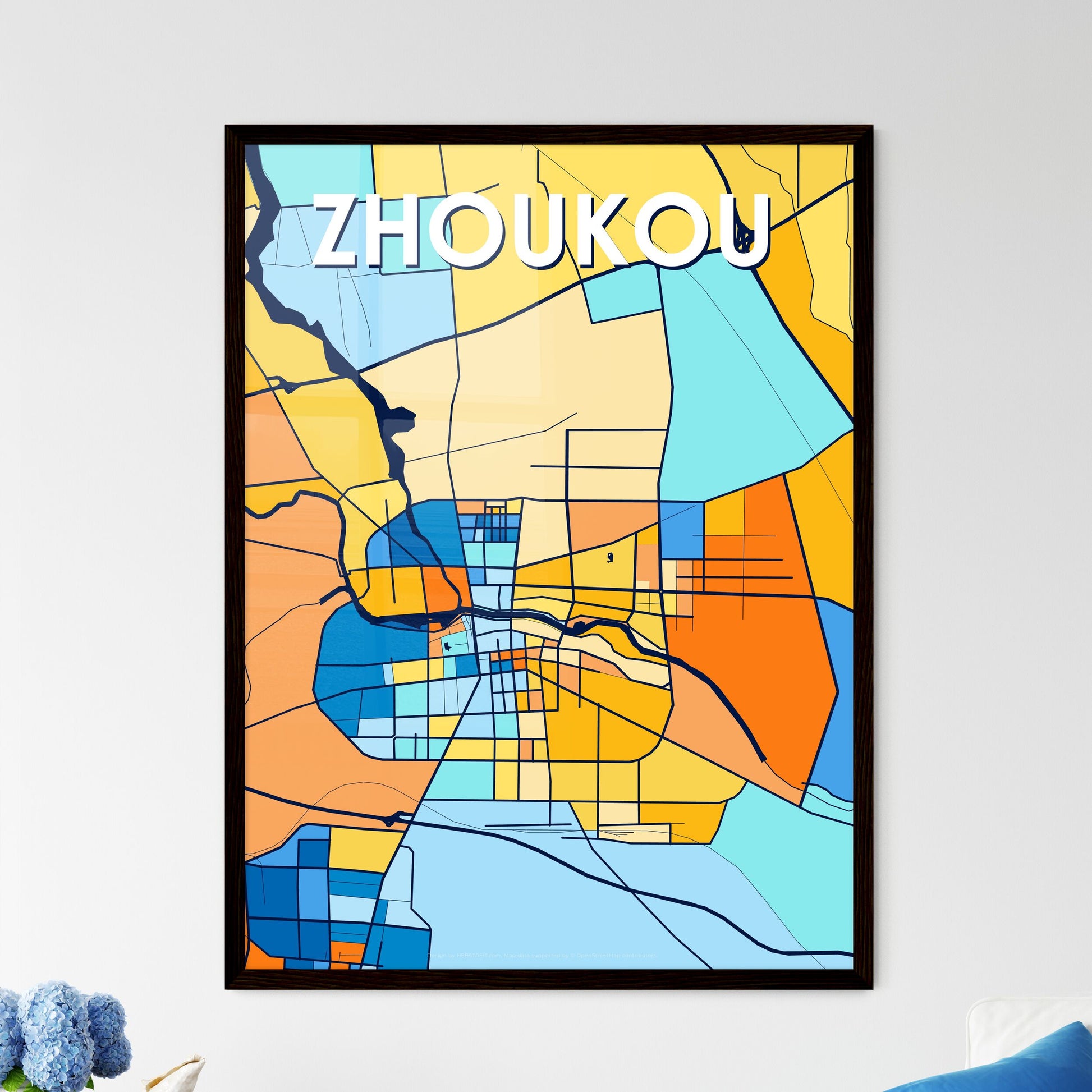 ZHOUKOU CHINA Vibrant Colorful Art Map Poster Blue Orange