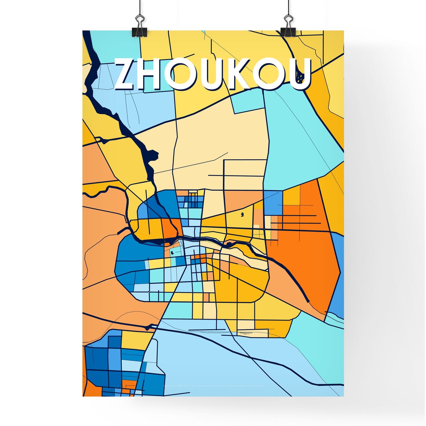 ZHOUKOU CHINA Vibrant Colorful Art Map Poster Blue Orange