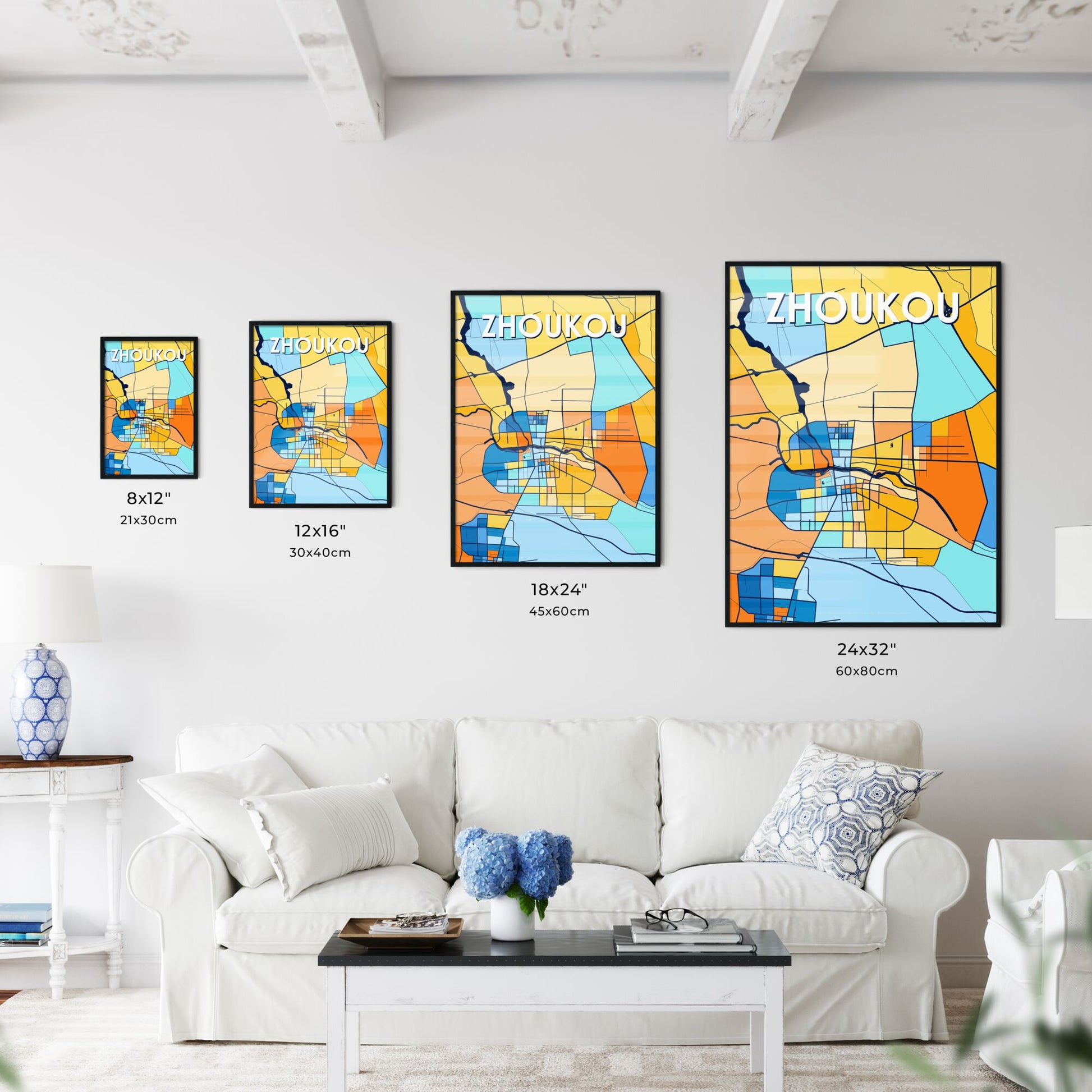 ZHOUKOU CHINA Vibrant Colorful Art Map Poster Blue Orange