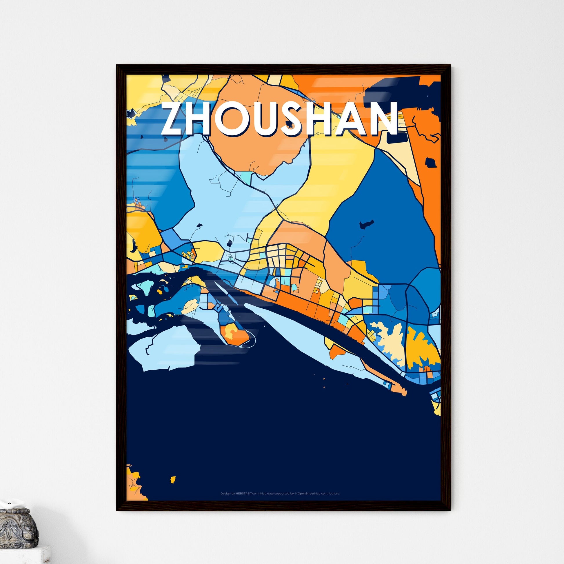 ZHOUSHAN CHINA Vibrant Colorful Art Map Poster Blue Orange