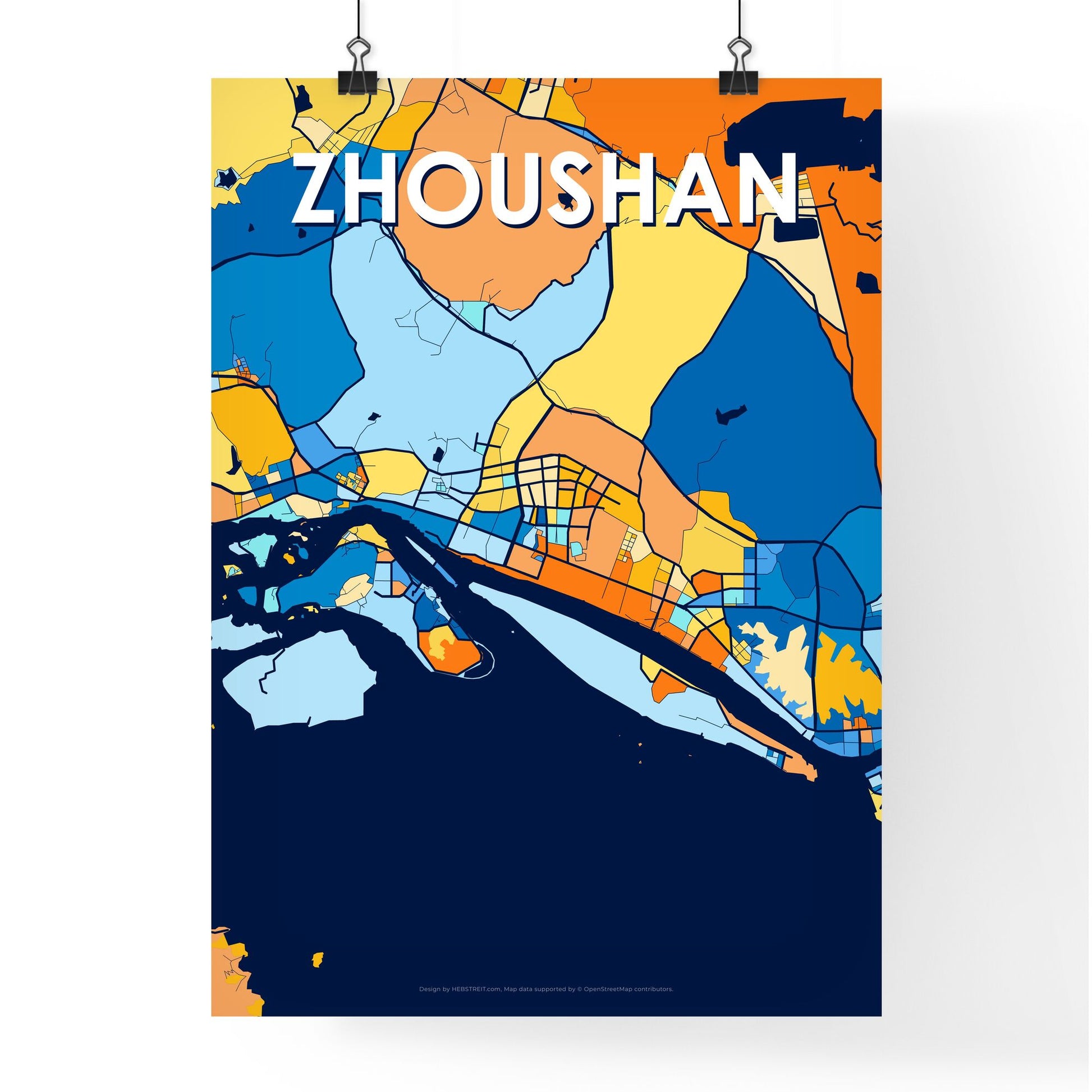 ZHOUSHAN CHINA Vibrant Colorful Art Map Poster Blue Orange