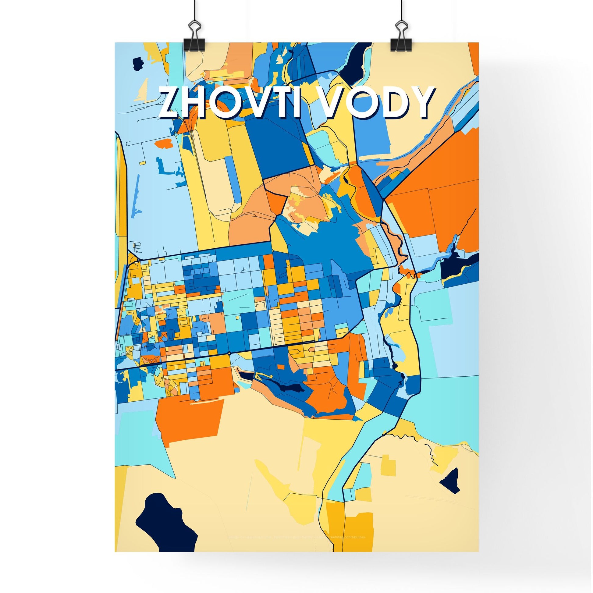 ZHOVTI VODY UKRAINE Vibrant Colorful Art Map Poster Blue Orange