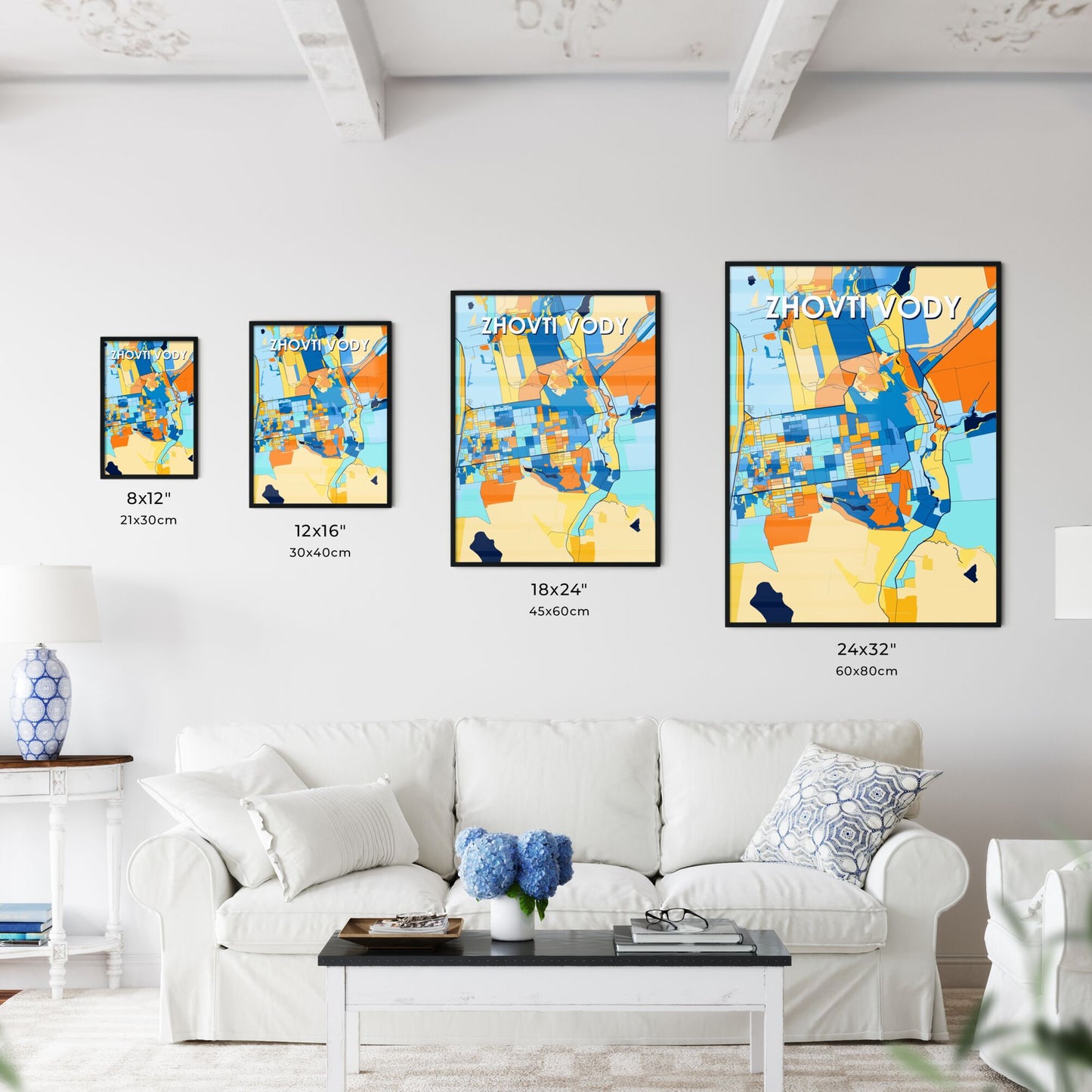 ZHOVTI VODY UKRAINE Vibrant Colorful Art Map Poster Blue Orange