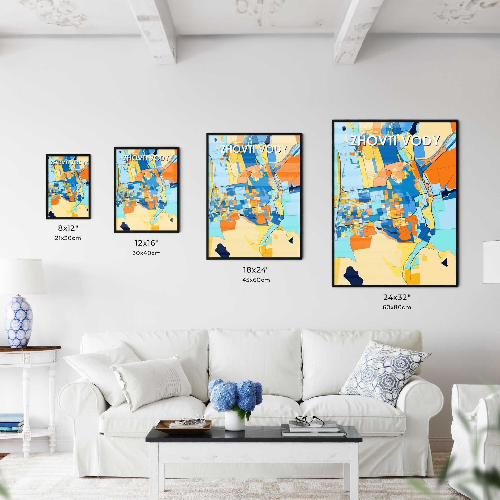 ZHOVTI VODY UKRAINE Vibrant Colorful Art Map Poster Blue Orange