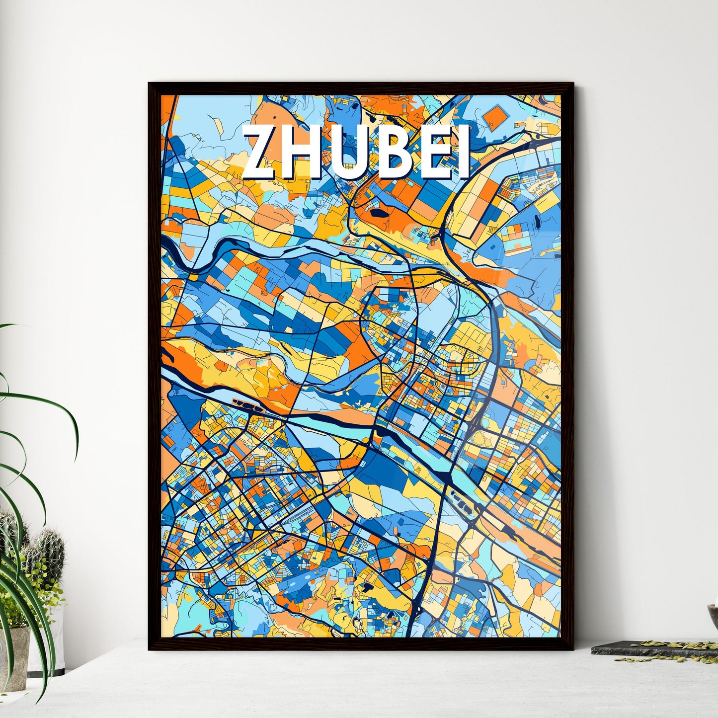 ZHUBEI TAIWAN Vibrant Colorful Art Map Poster Blue Orange