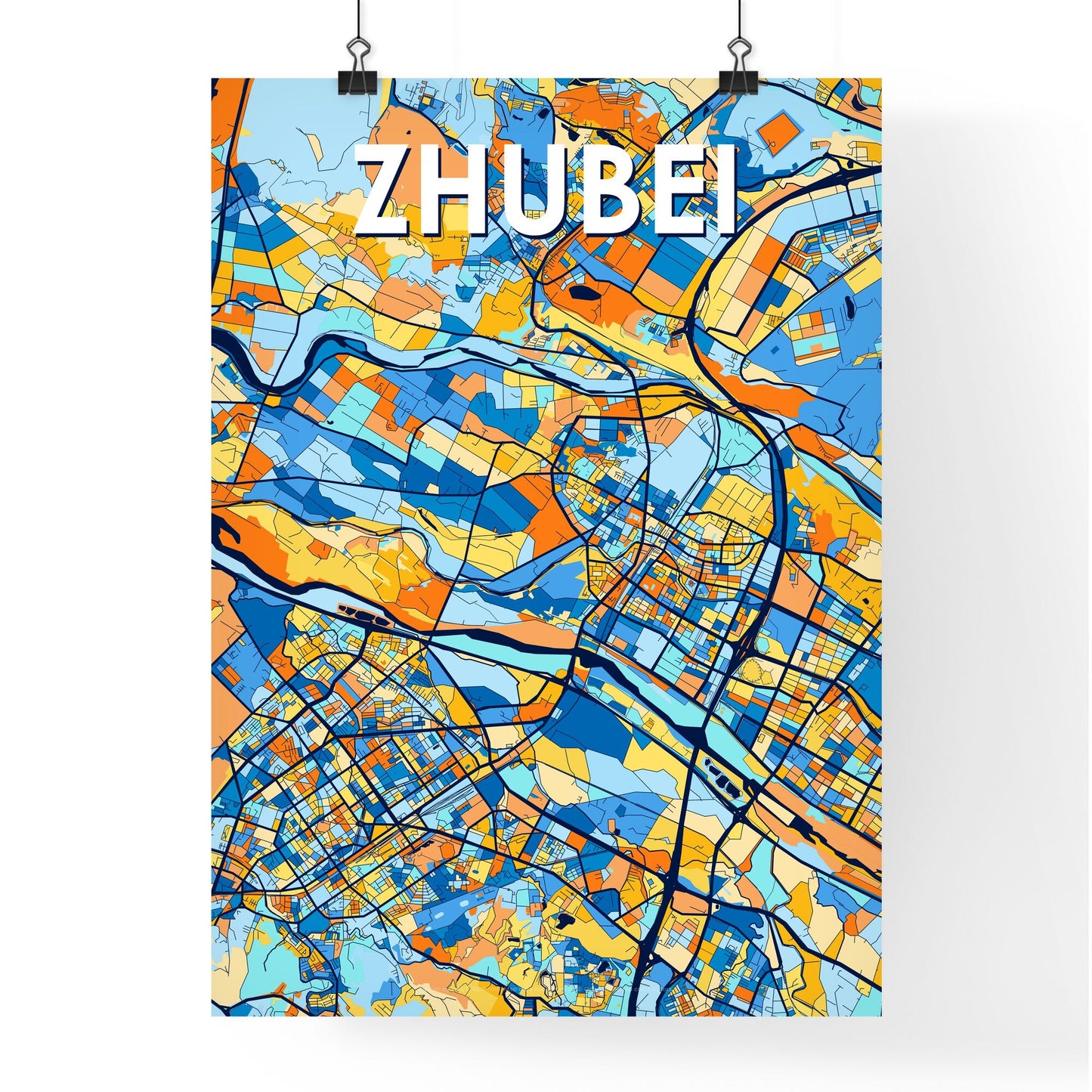 ZHUBEI TAIWAN Vibrant Colorful Art Map Poster Blue Orange