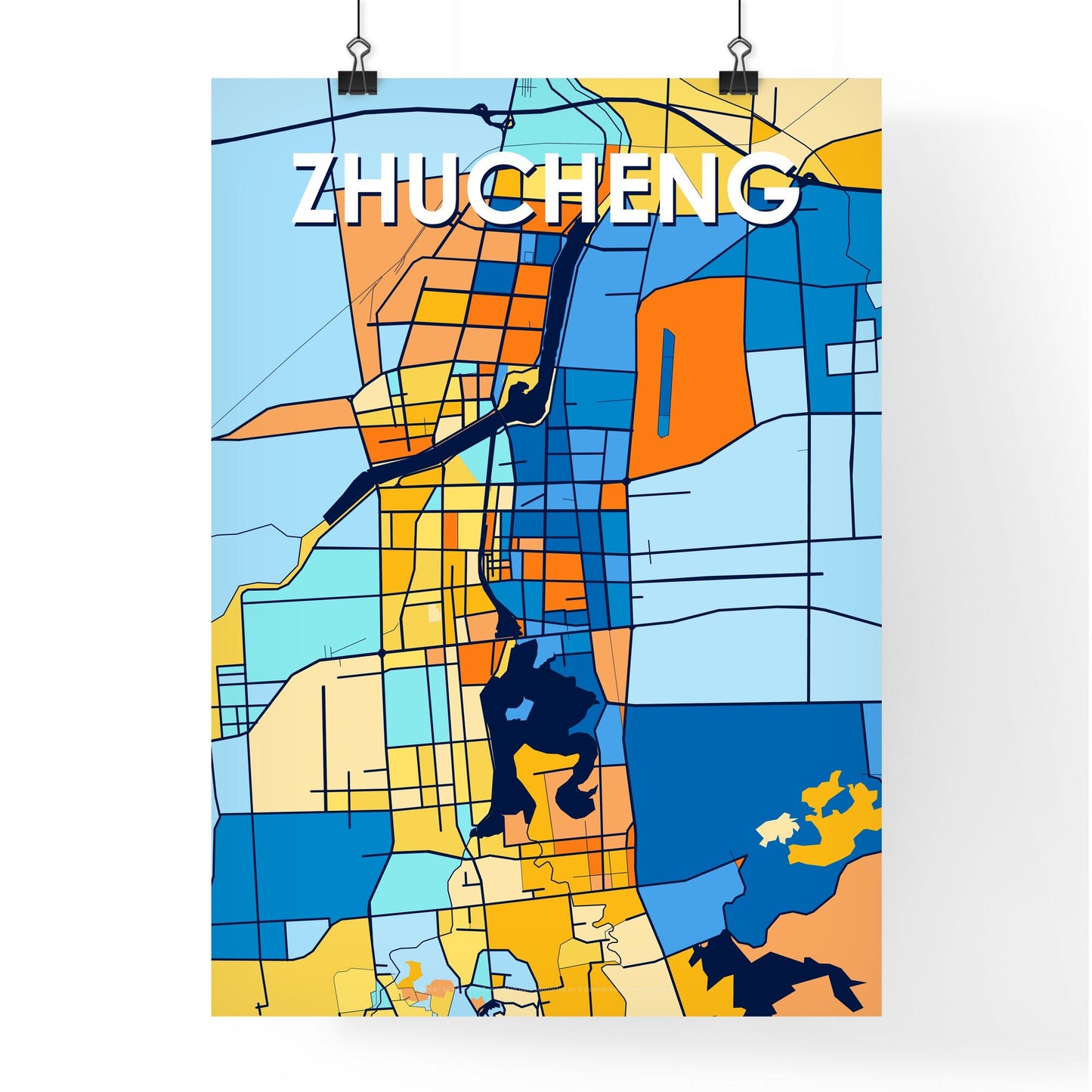 ZHUCHENG CHINA Vibrant Colorful Art Map Poster Blue Orange