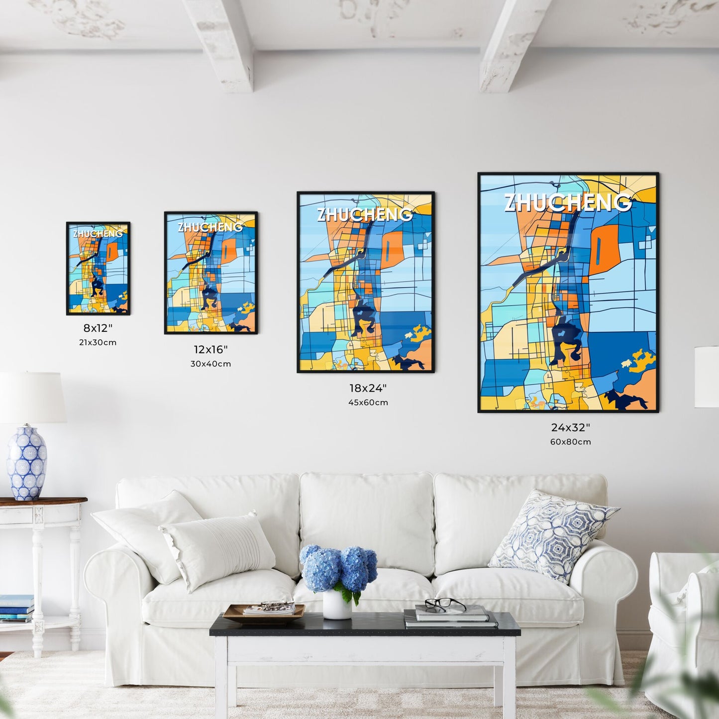 ZHUCHENG CHINA Vibrant Colorful Art Map Poster Blue Orange