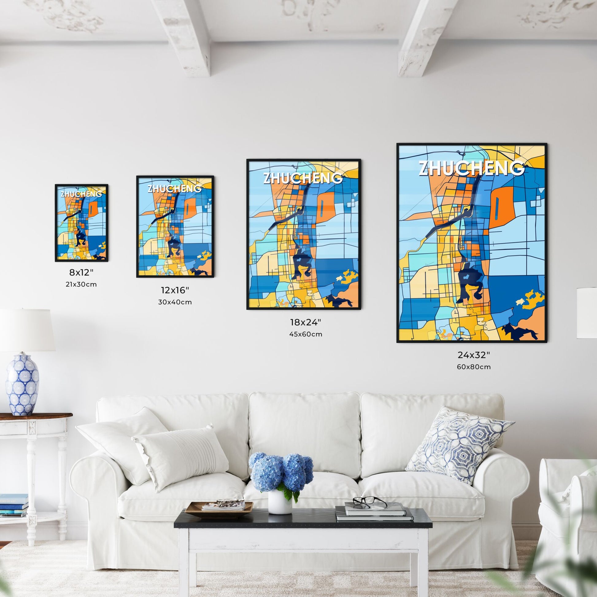 ZHUCHENG CHINA Vibrant Colorful Art Map Poster Blue Orange