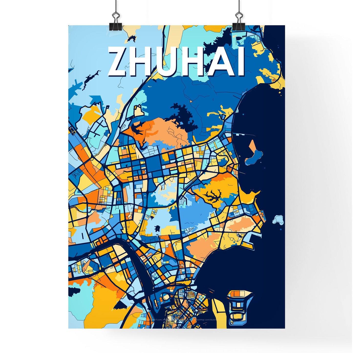 ZHUHAI CHINA Vibrant Colorful Art Map Poster Blue Orange