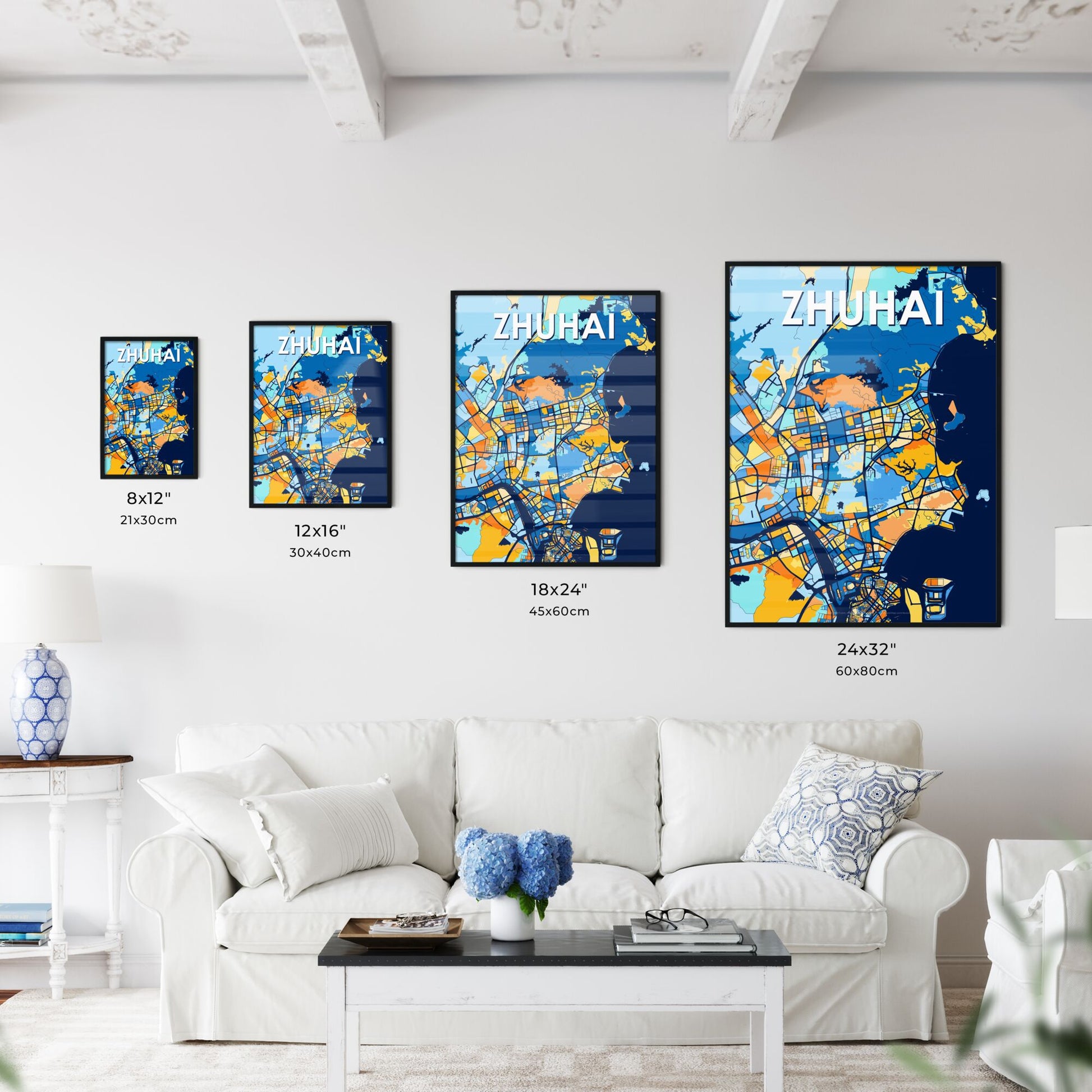 ZHUHAI CHINA Vibrant Colorful Art Map Poster Blue Orange