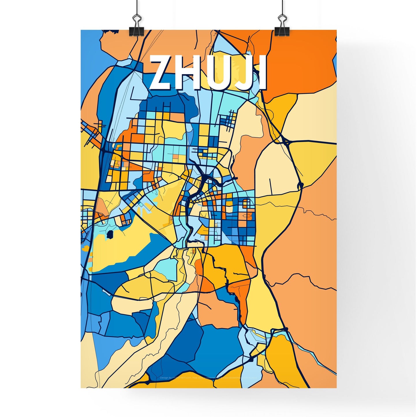 ZHUJI CHINA Vibrant Colorful Art Map Poster Blue Orange