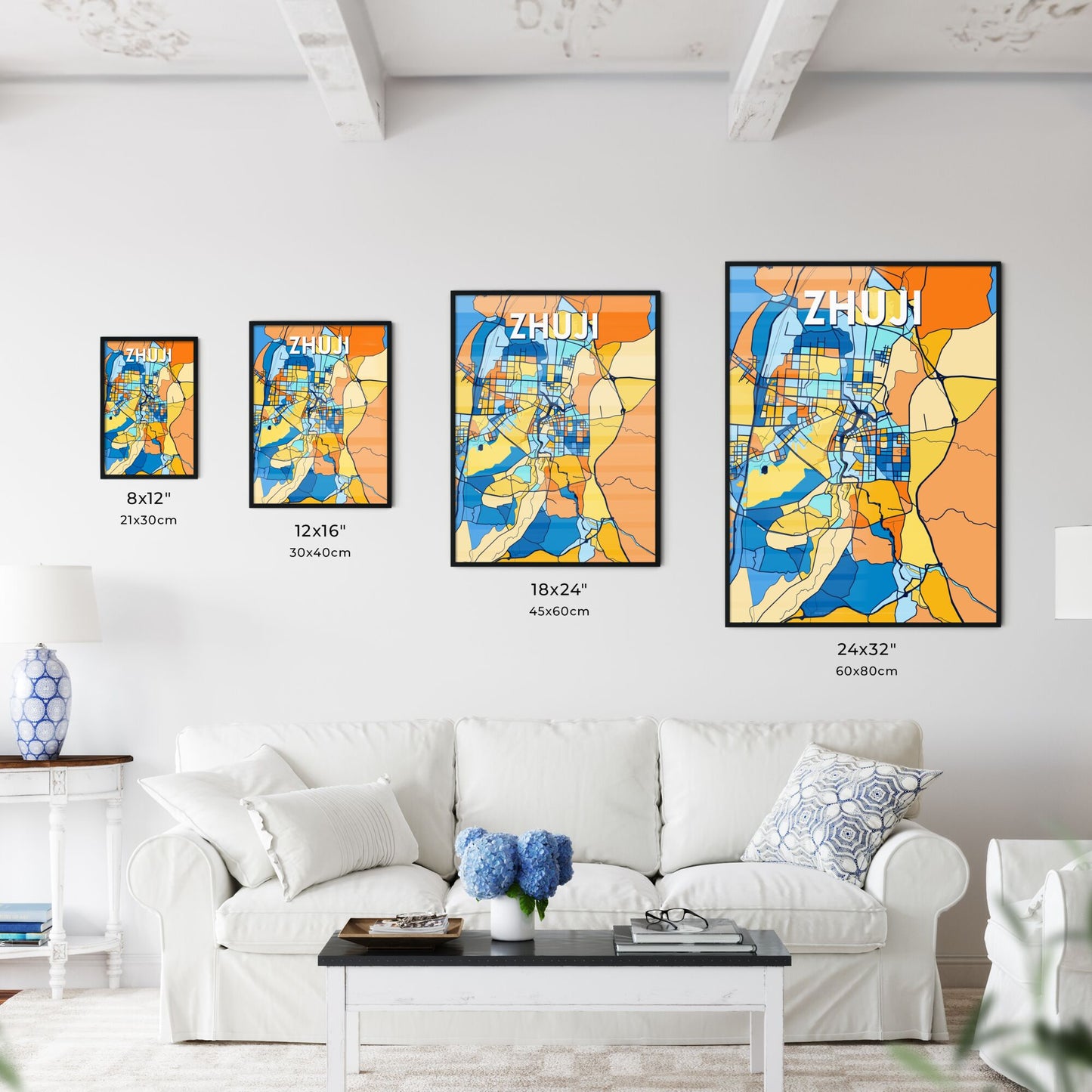 ZHUJI CHINA Vibrant Colorful Art Map Poster Blue Orange