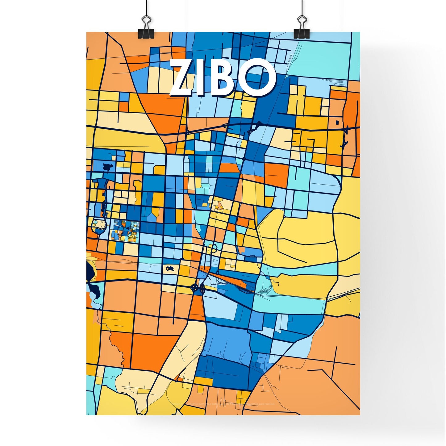 ZIBO CHINA Vibrant Colorful Art Map Poster Blue Orange