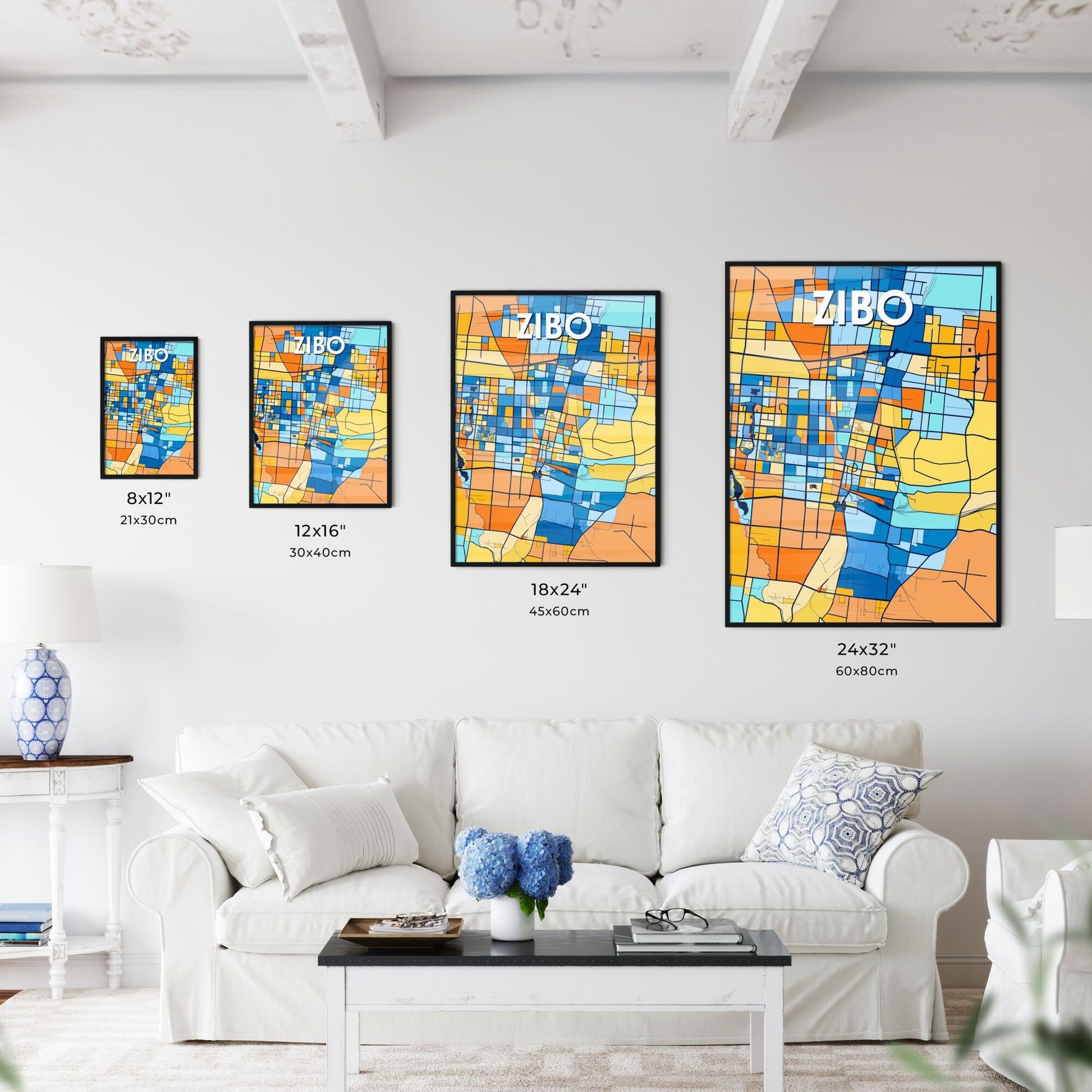 ZIBO CHINA Vibrant Colorful Art Map Poster Blue Orange