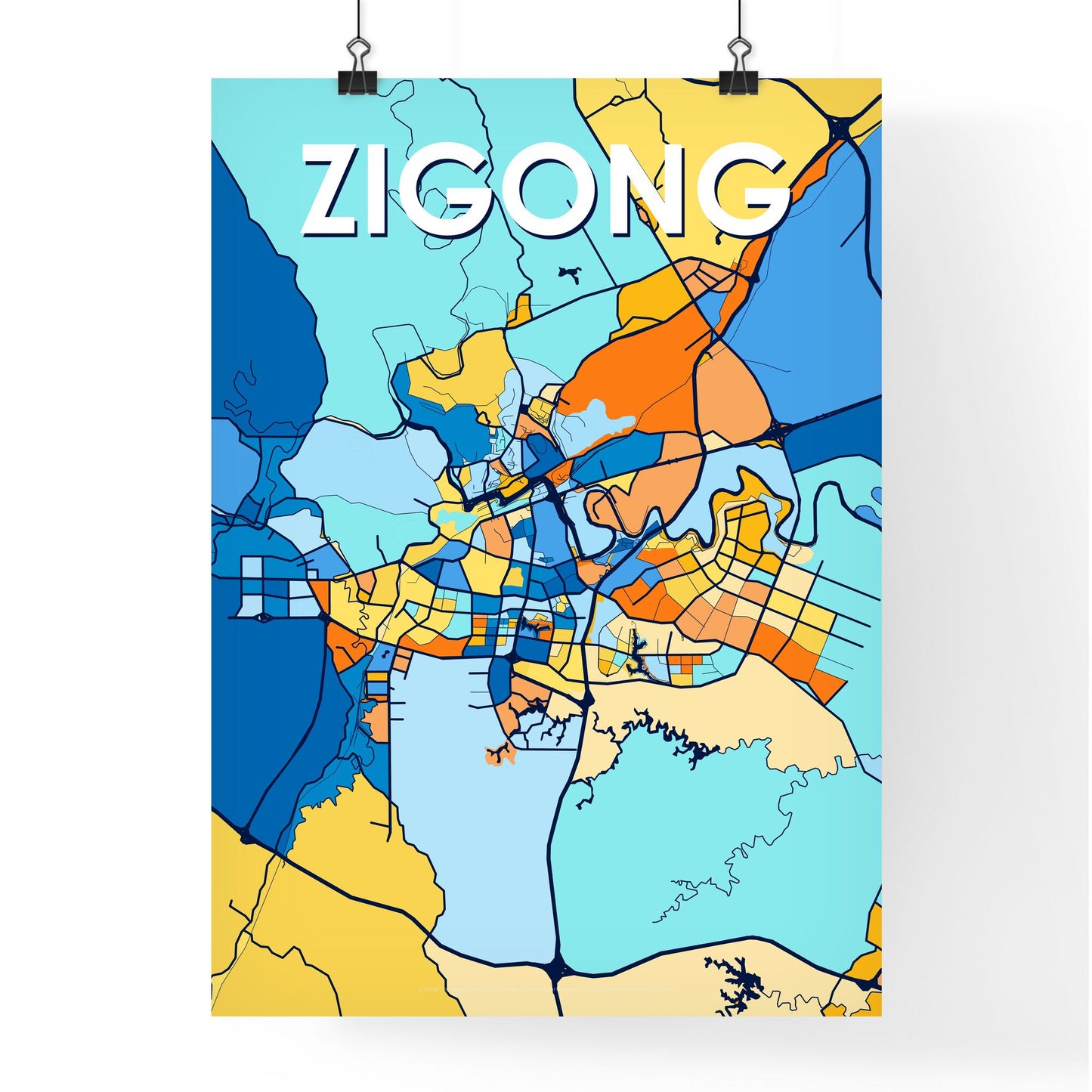 ZIGONG CHINA Vibrant Colorful Art Map Poster Blue Orange