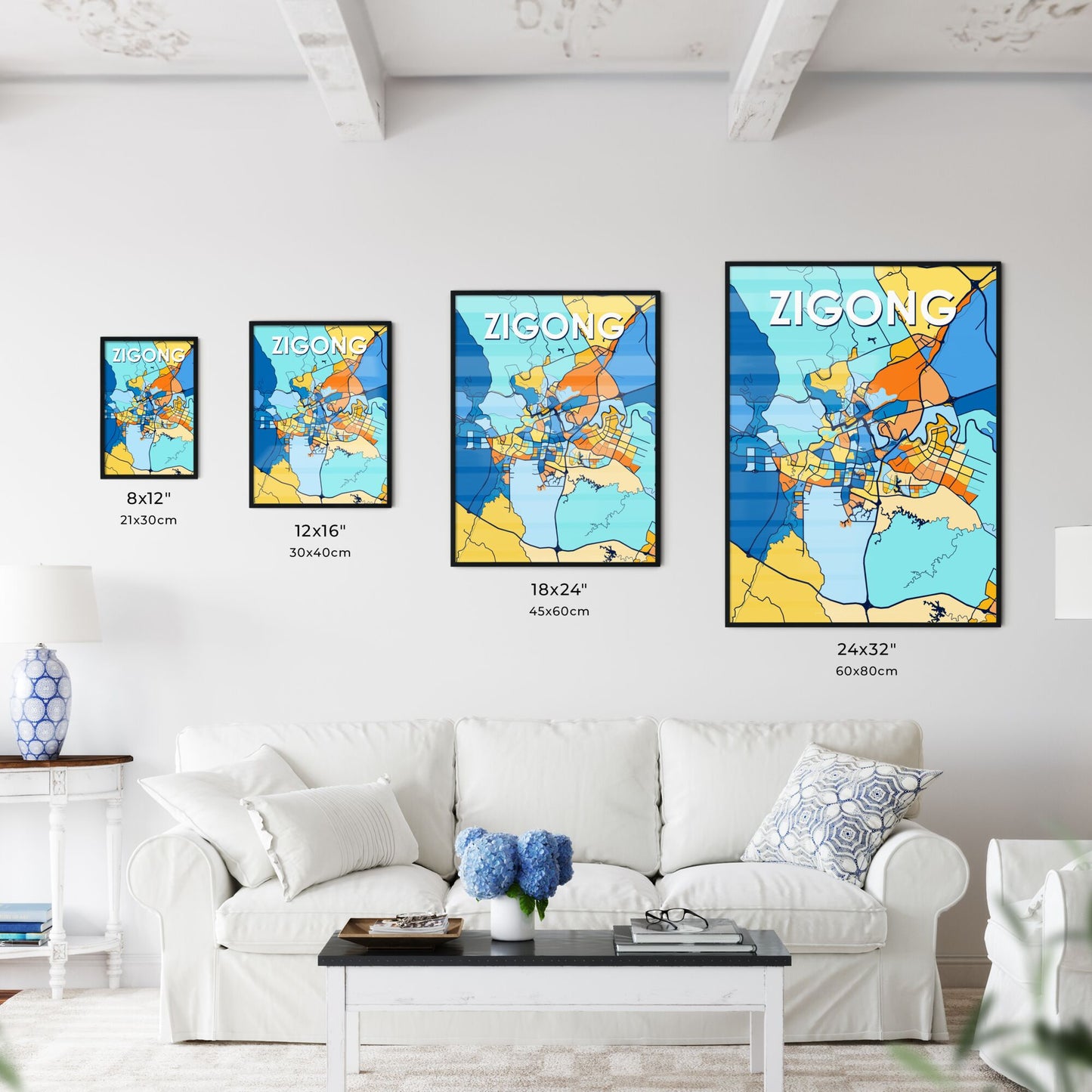 ZIGONG CHINA Vibrant Colorful Art Map Poster Blue Orange