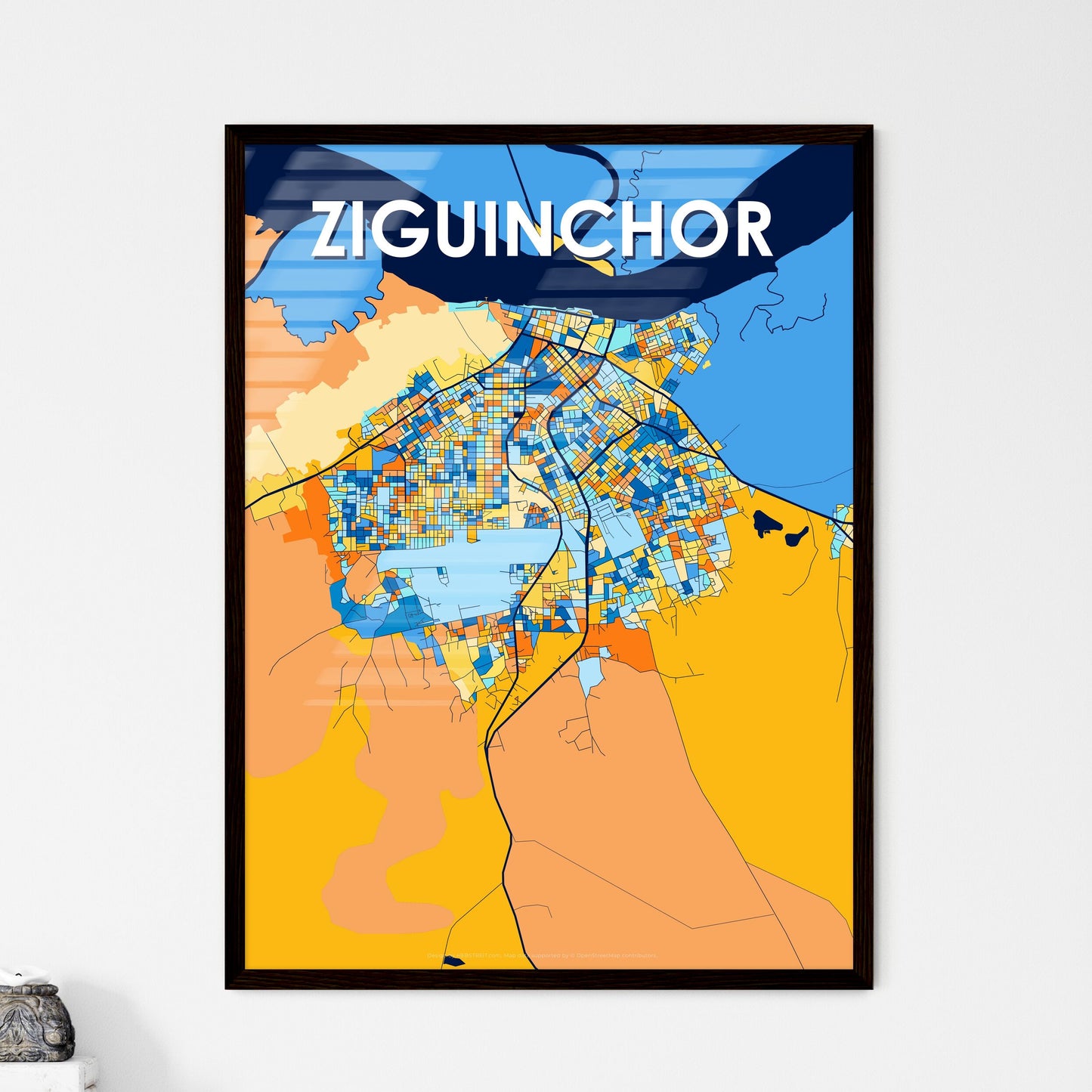 ZIGUINCHOR SENEGAL Vibrant Colorful Art Map Poster Blue Orange