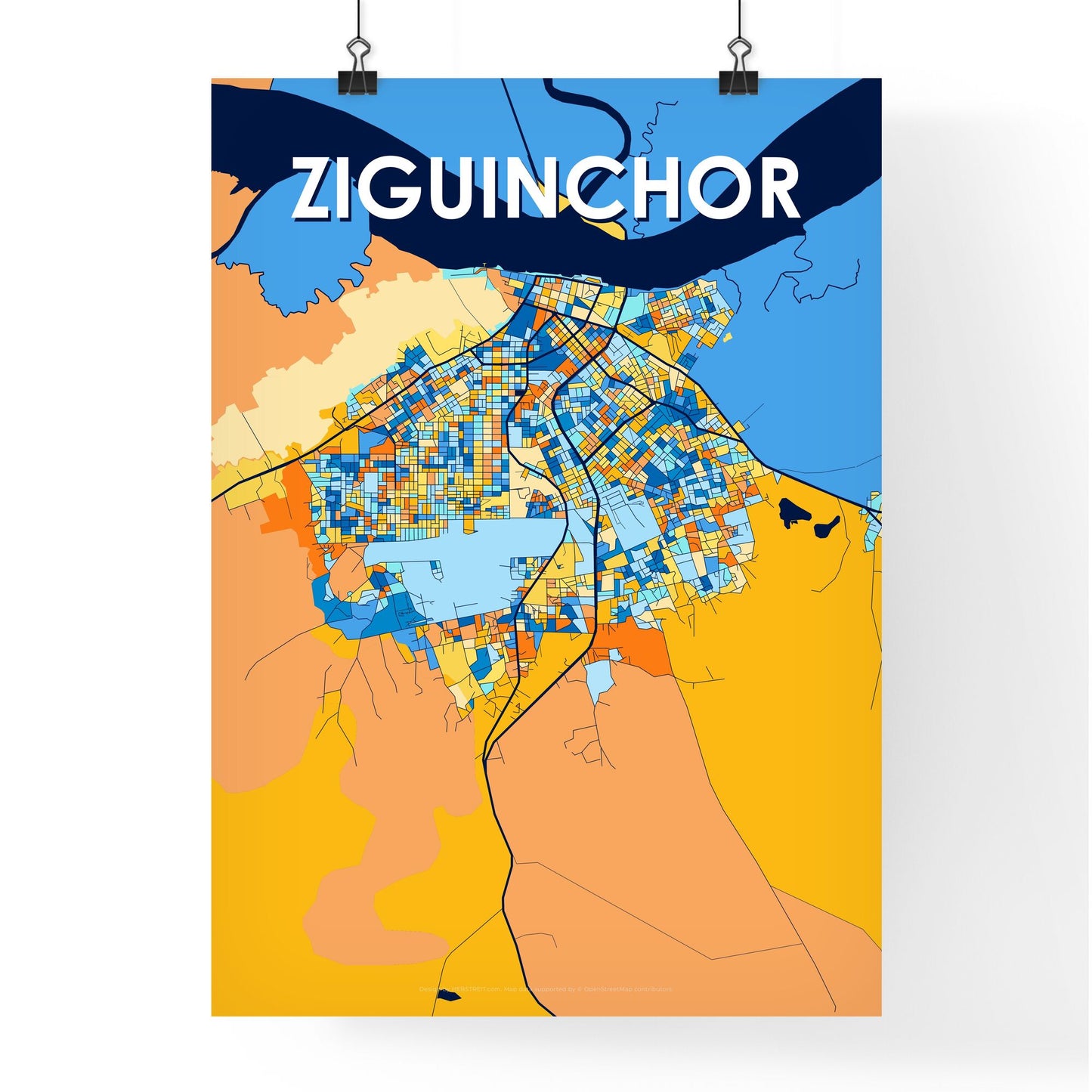 ZIGUINCHOR SENEGAL Vibrant Colorful Art Map Poster Blue Orange
