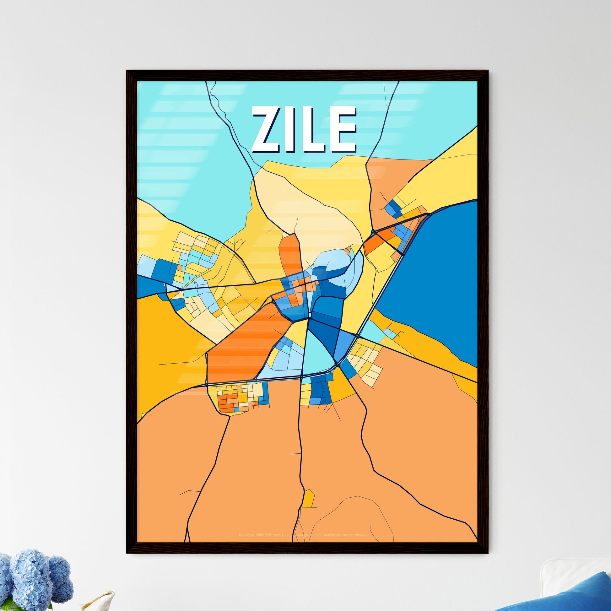 ZILE TURKEY Vibrant Colorful Art Map Poster Blue Orange