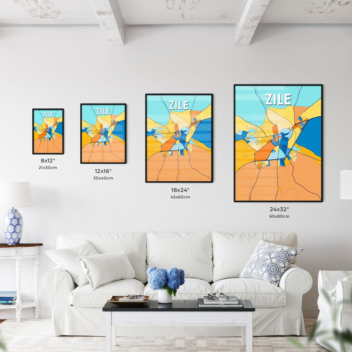 ZILE TURKEY Vibrant Colorful Art Map Poster Blue Orange