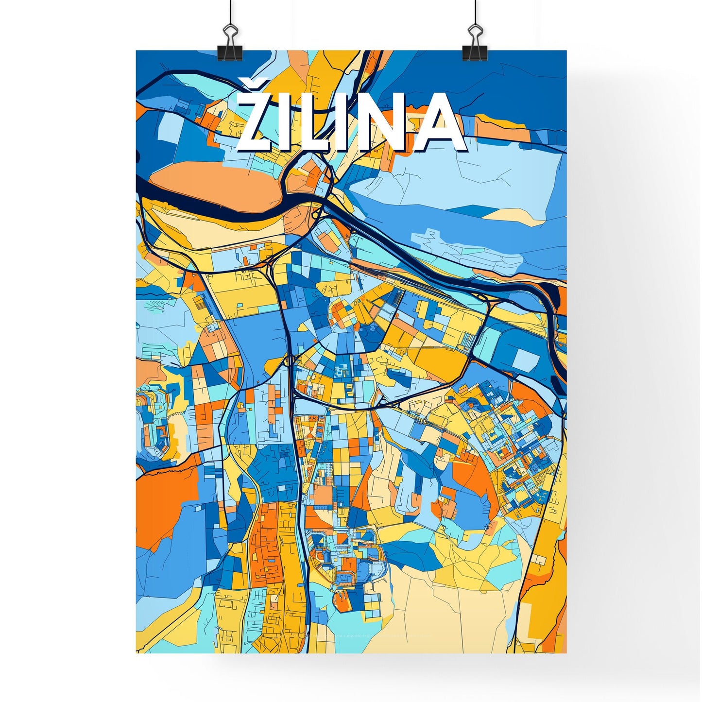 ŽILINA SLOVAKIA Vibrant Colorful Art Map Poster Blue Orange