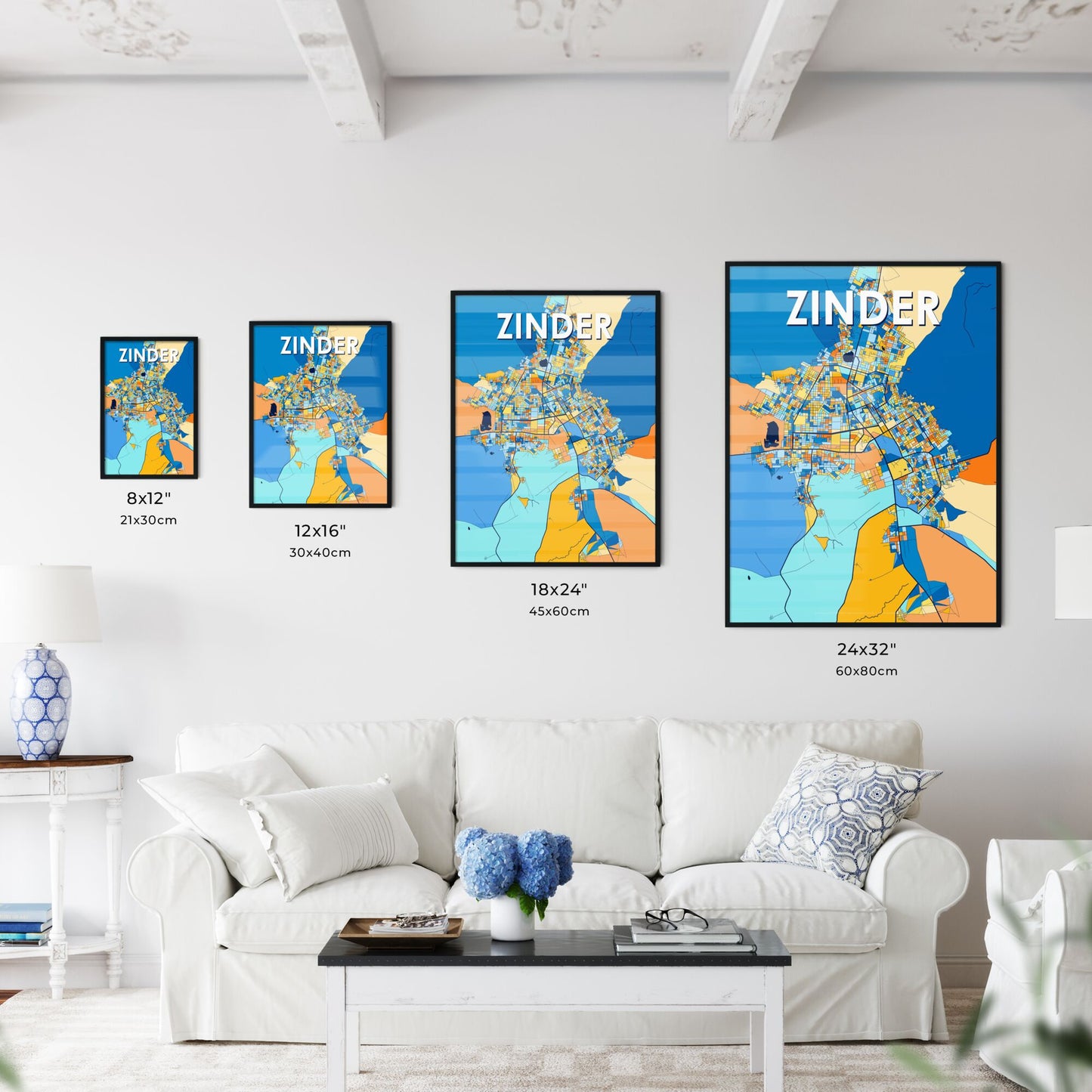 ZINDER NIGER Vibrant Colorful Art Map Poster Blue Orange