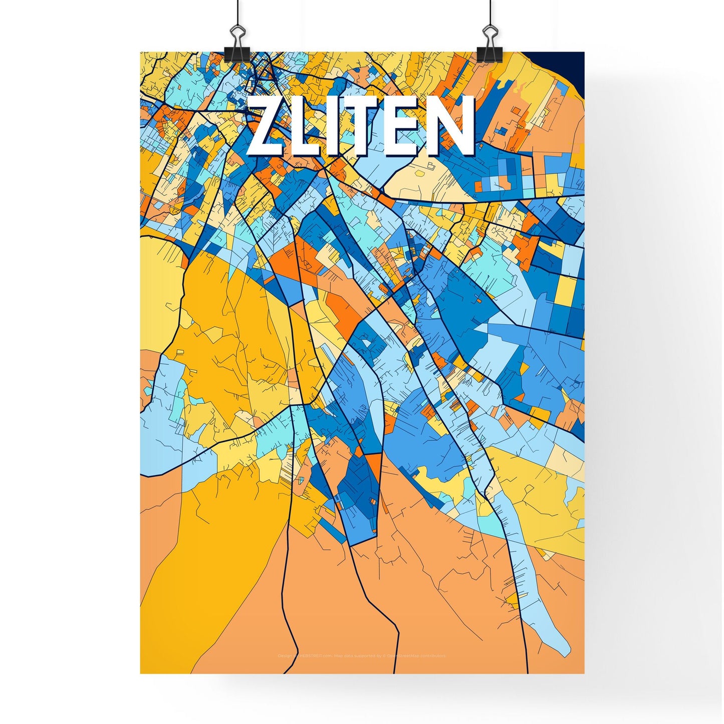 ZLITEN LIBYA Vibrant Colorful Art Map Poster Blue Orange