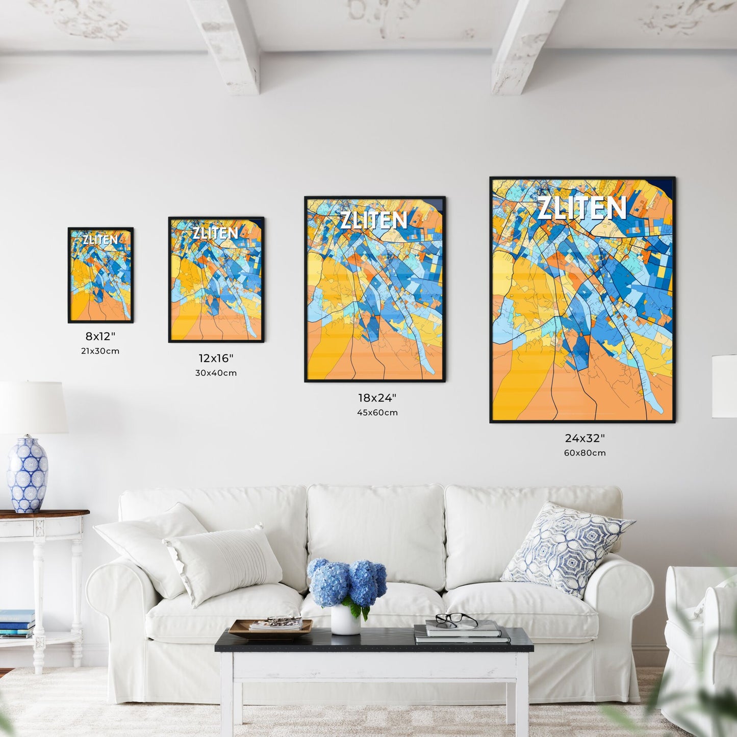 ZLITEN LIBYA Vibrant Colorful Art Map Poster Blue Orange