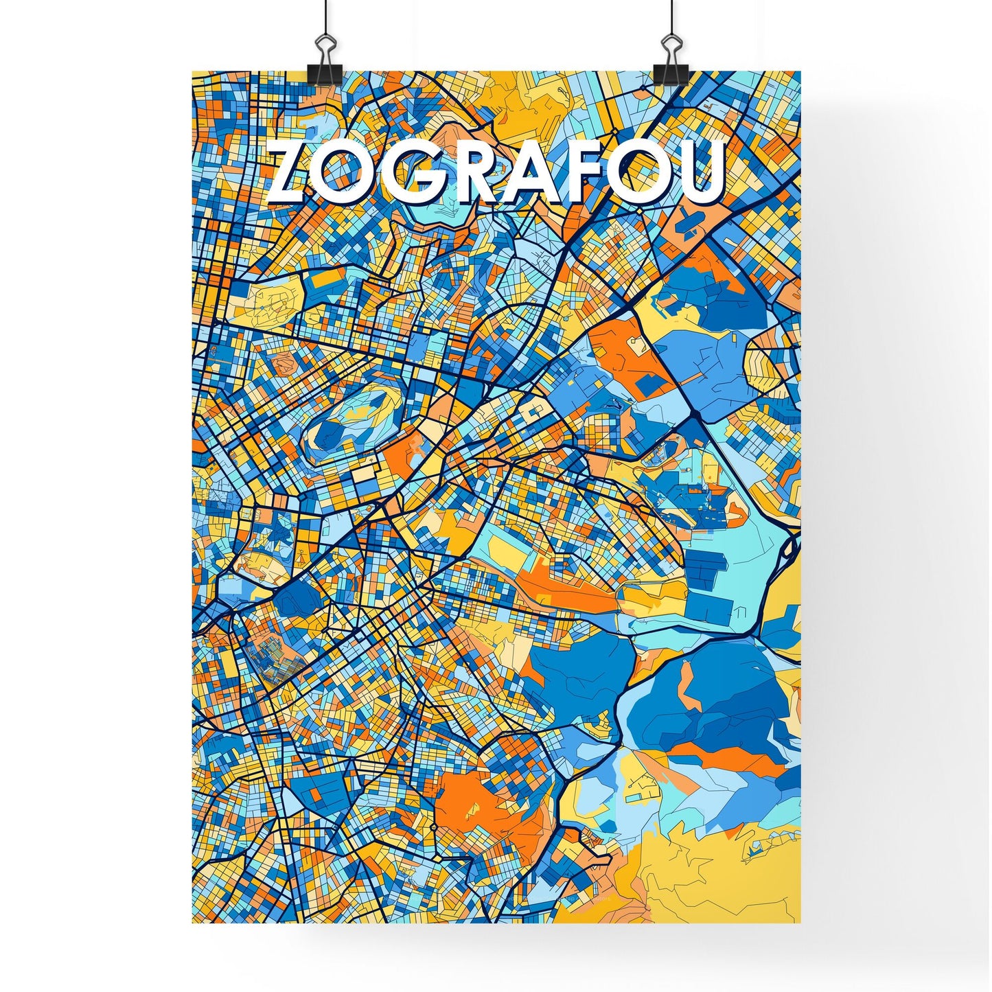 ZOGRAFOU GREECE Vibrant Colorful Art Map Poster Blue Orange