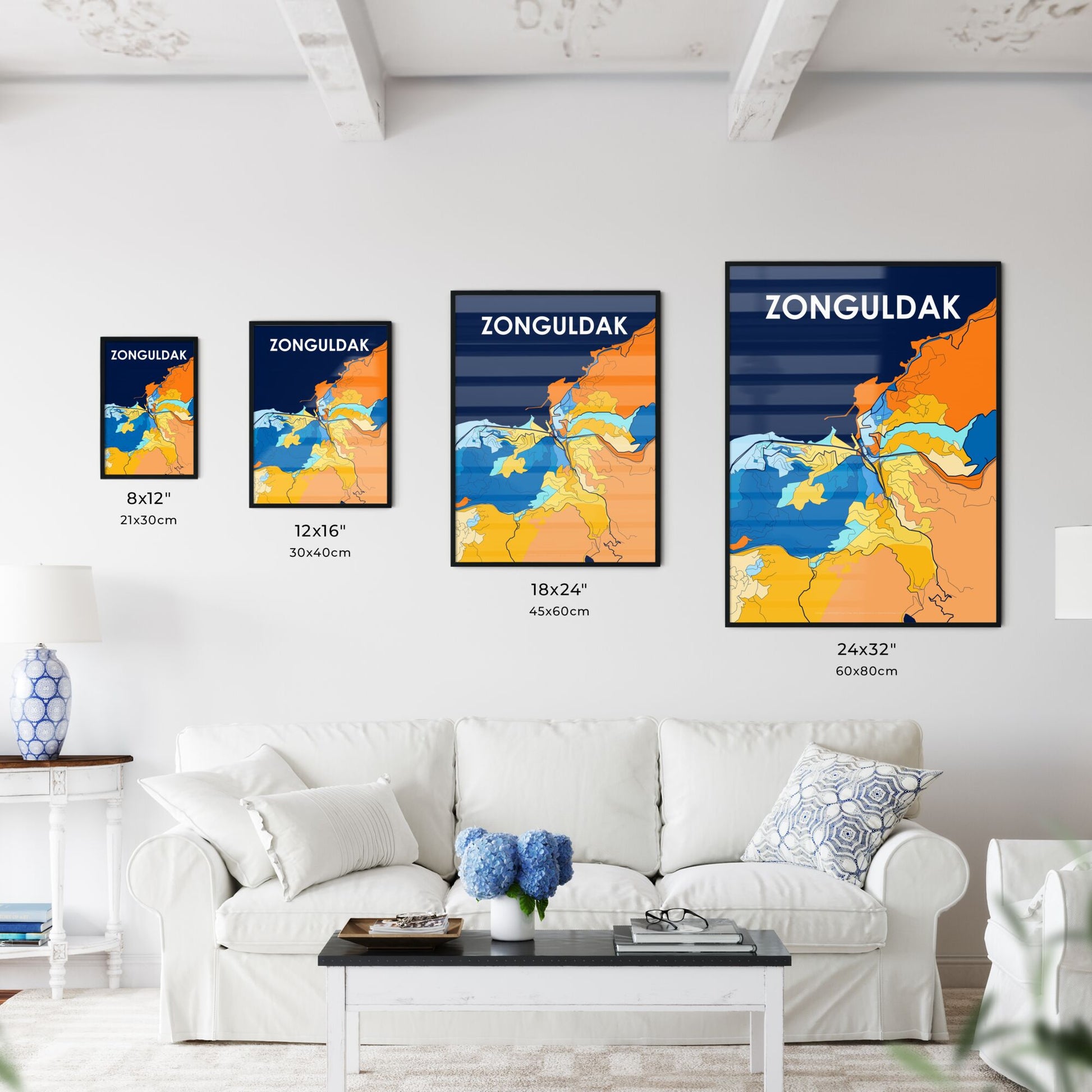 ZONGULDAK TURKEY Vibrant Colorful Art Map Poster Blue Orange