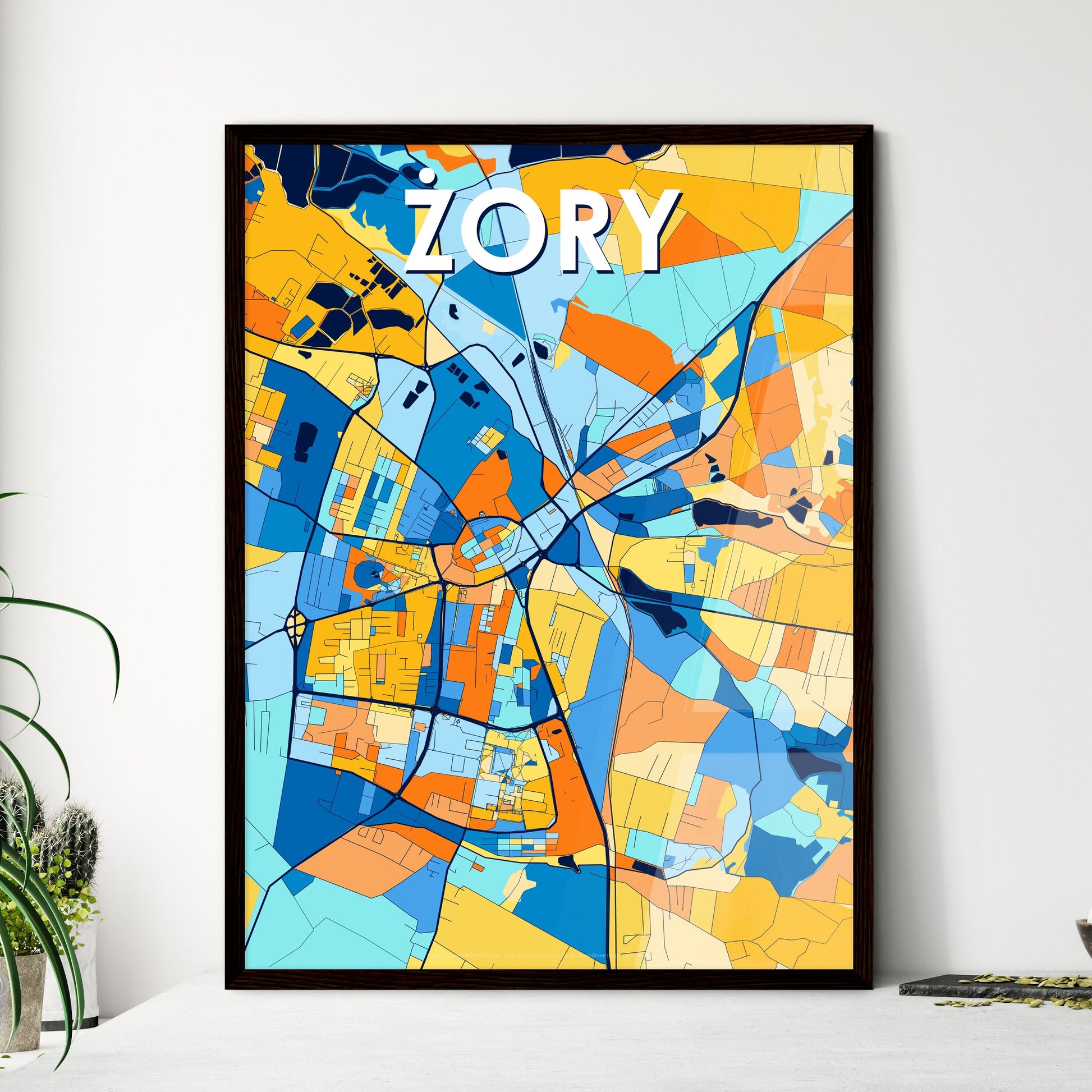 ŻORY POLAND Vibrant Colorful Art Map Poster Blue Orange