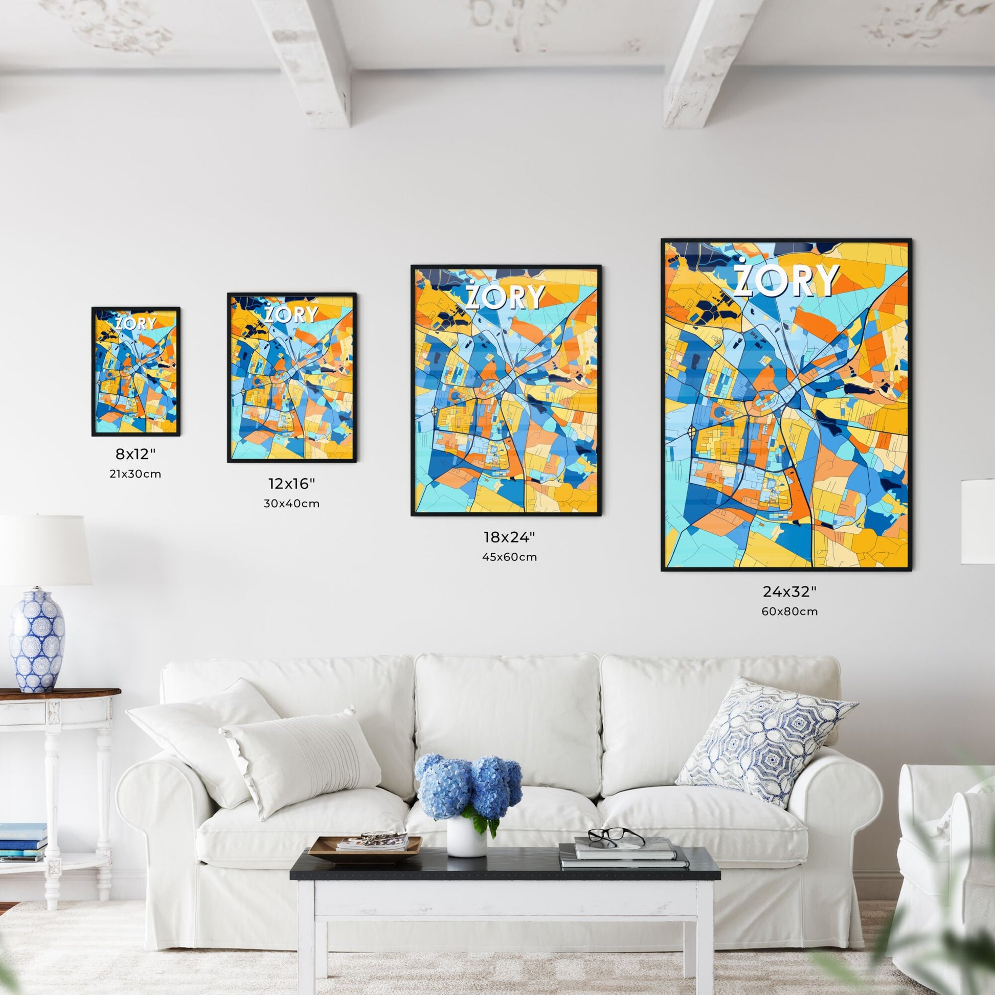 ŻORY POLAND Vibrant Colorful Art Map Poster Blue Orange