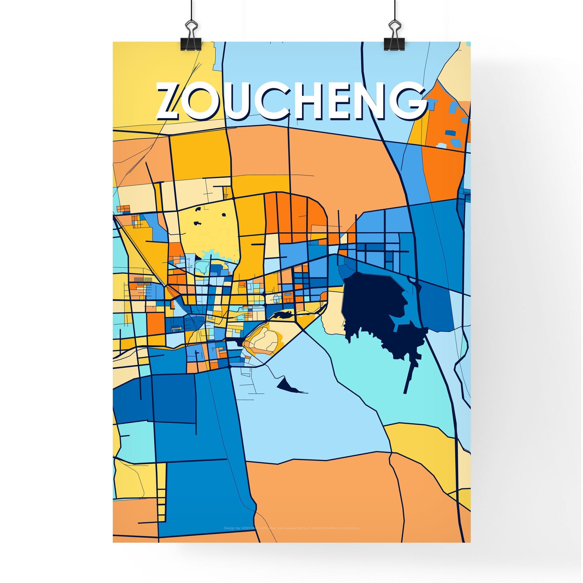 ZOUCHENG CHINA Vibrant Colorful Art Map Poster Blue Orange